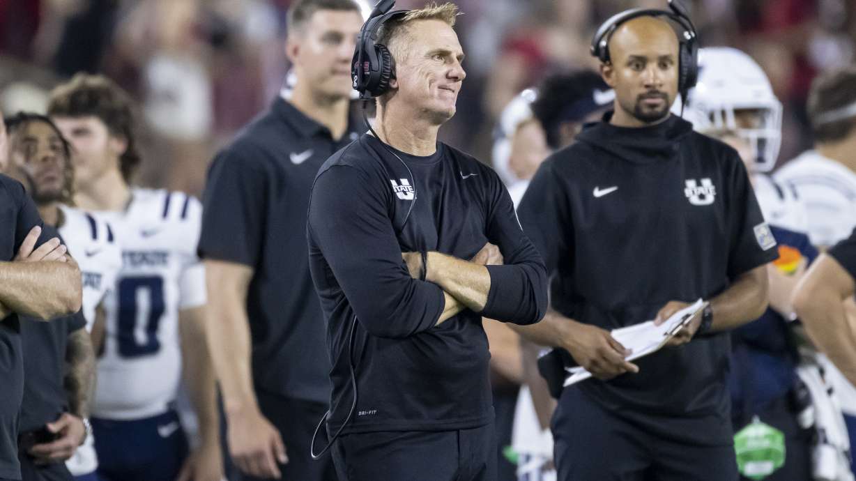 Utah State coach Blake Anderson reacts as Alabama pulls ahead during the first half of an NCAA college football game Saturday, Sept. 3, 2022, in Tuscaloosa, Ala.