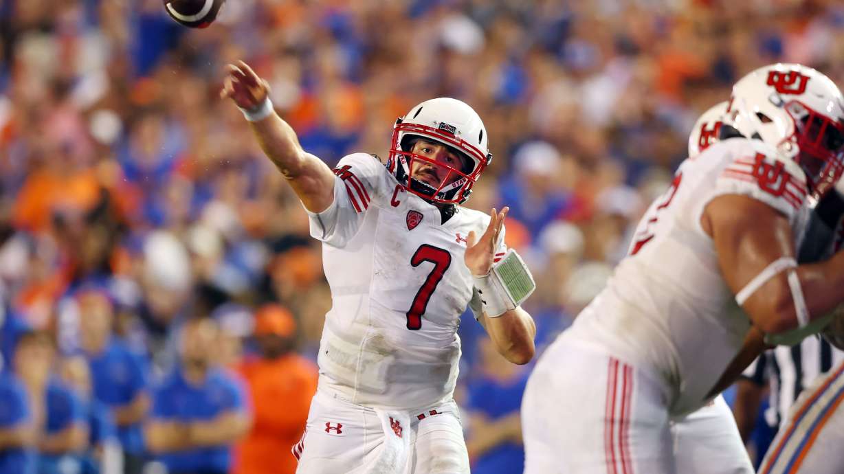 Utah Utes quarterback Cameron Rising (7) throws the ball as Utah and Florida play in Gainesville, Fla., on Saturday, Sept. 3, 2022. Florida won 29-26.