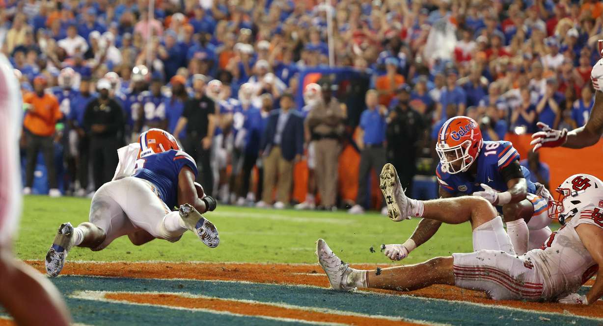 Florida Gators linebacker Amari Burney (2) intercepts the ball, ending the game with Utah, as they play in Gainesville, Fla., on Saturday, Sept. 3, 2022. Florida won 29-26.