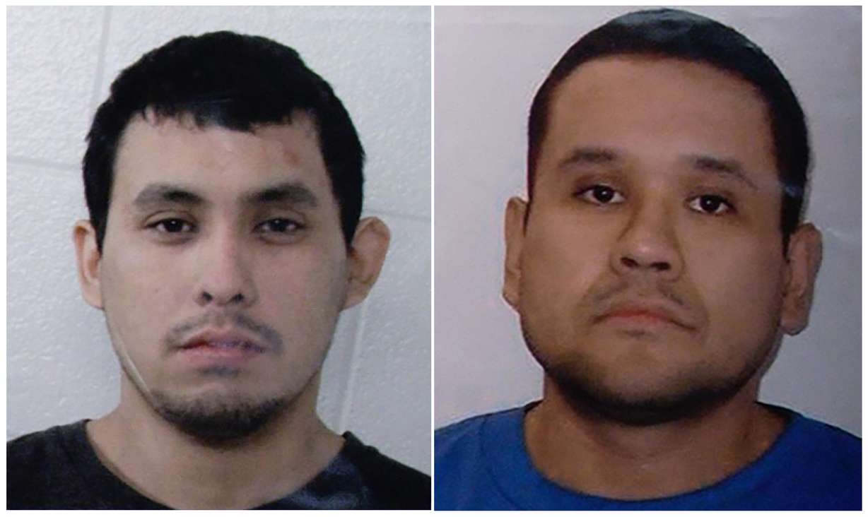 This combination of images shown during a press conference at the Royal Canadian Mounted Police "F" Division headquarters in Regina, Saskatchewan, on Sunday, shows Damien Sanderson, left, and Myles Sanderson. Authorities identified the pair, who are presently at large, as suspects in a series of stabbings in two communities in the Canadian province of Saskatchewan that left multiple people dead and others wounded.