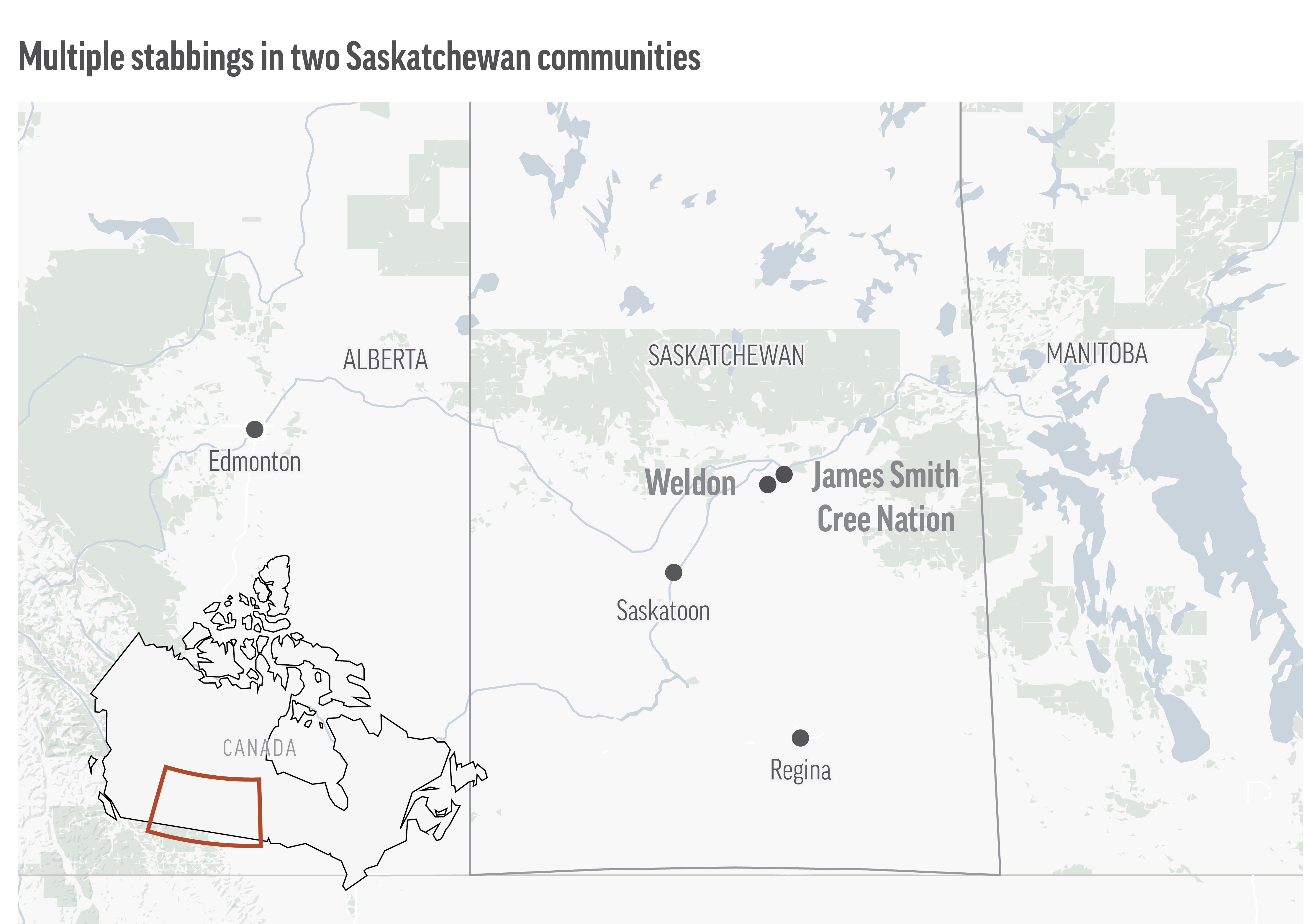 Canadian police say multiple people are dead in 13 locations at two communities in Saskatchewan.