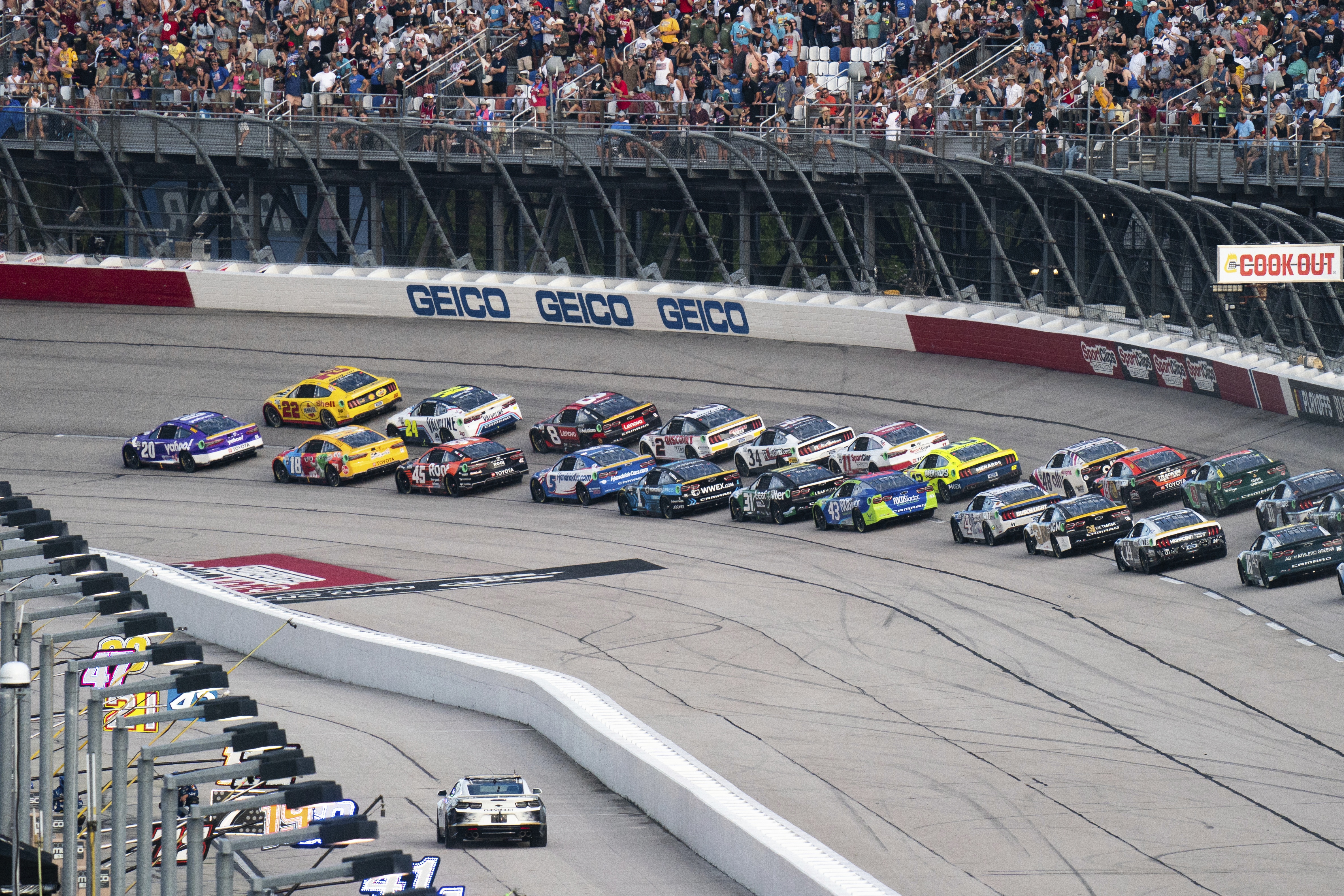 Drivers compete at the start of the NASCAR Southern 500 auto race, Sunday, Sept. 4, 2022, in Darlington, S.C. 