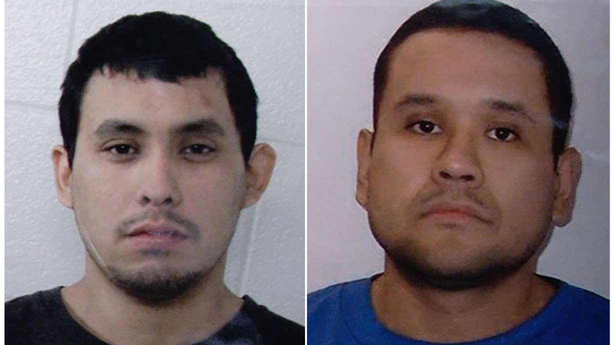 This combination of images shown during a press conference at the Royal Canadian Mounted Police "F" Division headquarters in Regina, Saskatchewan, on Sunday, shows Damien Sanderson, left, and his brother Myles Sanderson. Canadian police said Monday Damien Sanderson, one of the suspects in the killing of multiple people in a series of stabbings has been found dead.