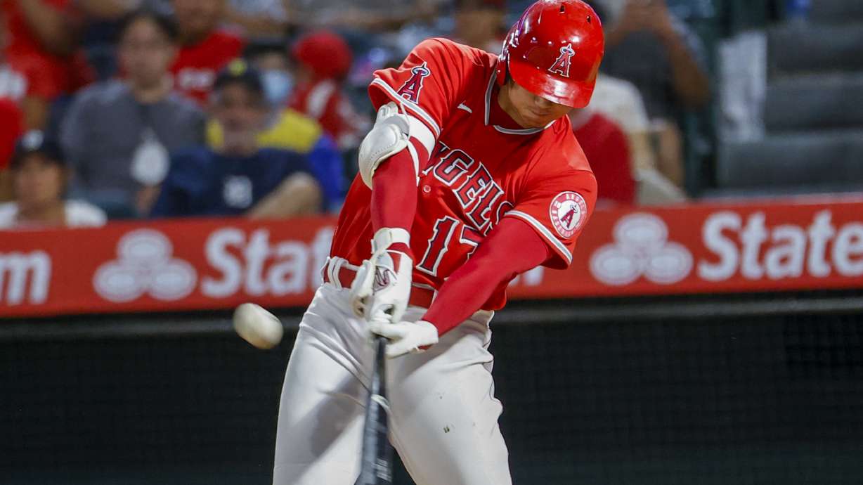 Los Angeles Angels' Shohei Ohtani hits a solo home run during the seventh inning of a baseball game against the Detroit Tigers in Anaheim, Calif., Monday, Sept. 5, 2022.