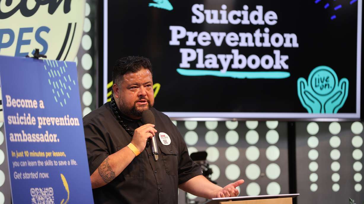 Joe Tuia' ana, a suicide prevention advocate, speaks at the Utah’s suicide prevention program, Live On, who launched a first-of-its-kind Instagram-based training program for the public, during at event in Lehi on Tuesday.