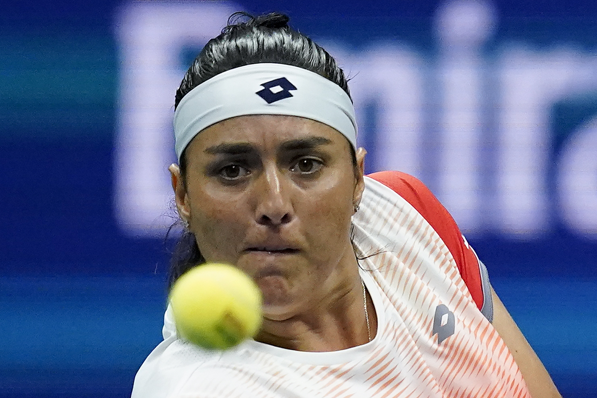 Ons Jabeur, of Tunisia, returns a shot to Ajla Tomljanovic, of Austrailia, during the quarterfinals of the U.S. Open tennis championships, Tuesday, Sept. 6, 2022, in New York. 