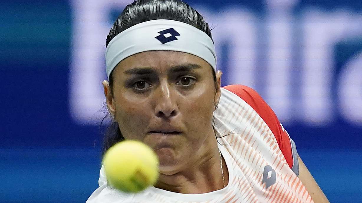 Ons Jabeur, of Tunisia, returns a shot to Ajla Tomljanovic, of Austrailia, during the quarterfinals of the U.S. Open tennis championships, Tuesday, Sept. 6, 2022, in New York.