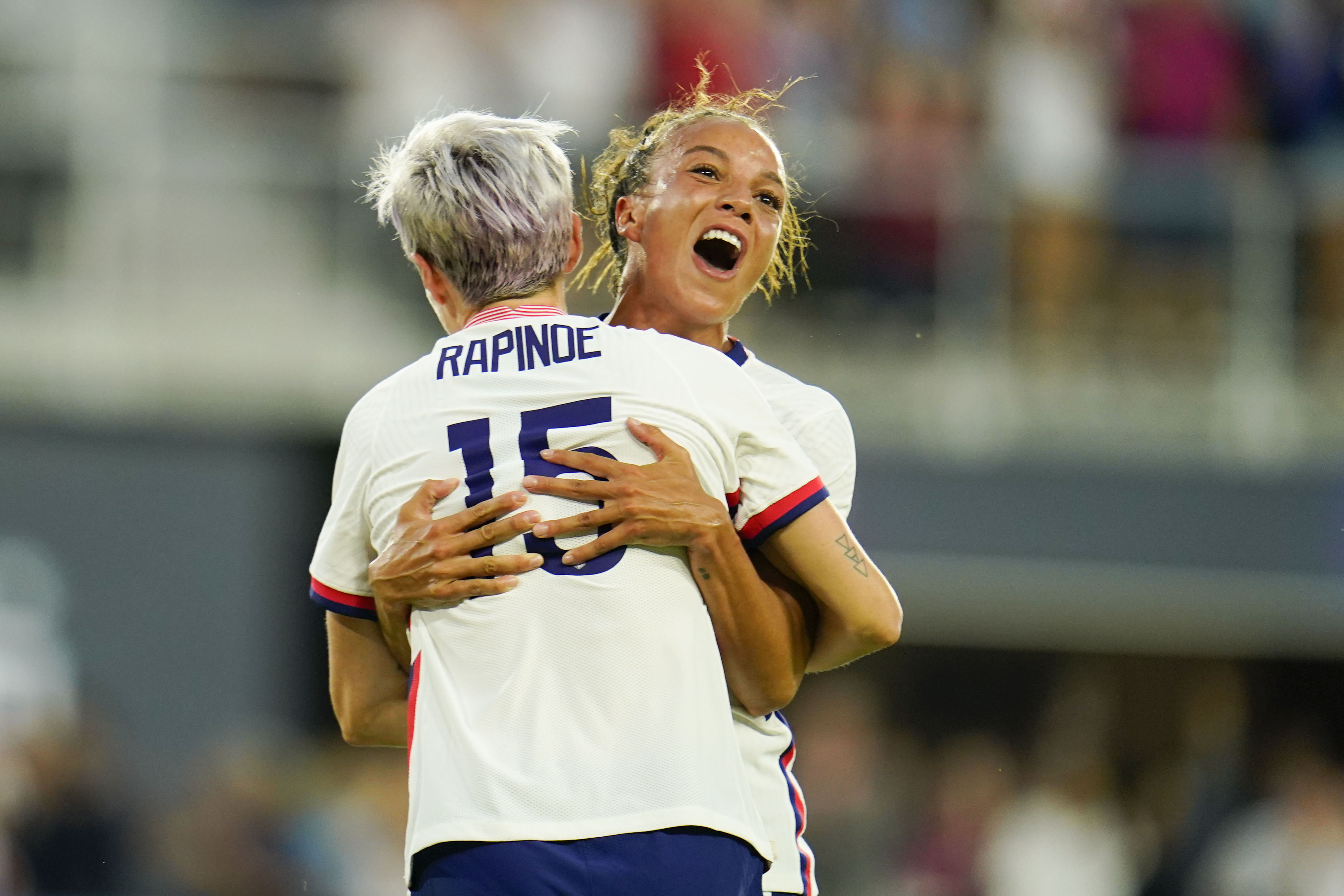 United States' Megan Rapinoe, left, and Mallory Pugh celebrate a goal by Rose Lavelle during the second half of the team's international friendly soccer match against Nigeria, Tuesday, Sept. 6, 2022, in Washington. 