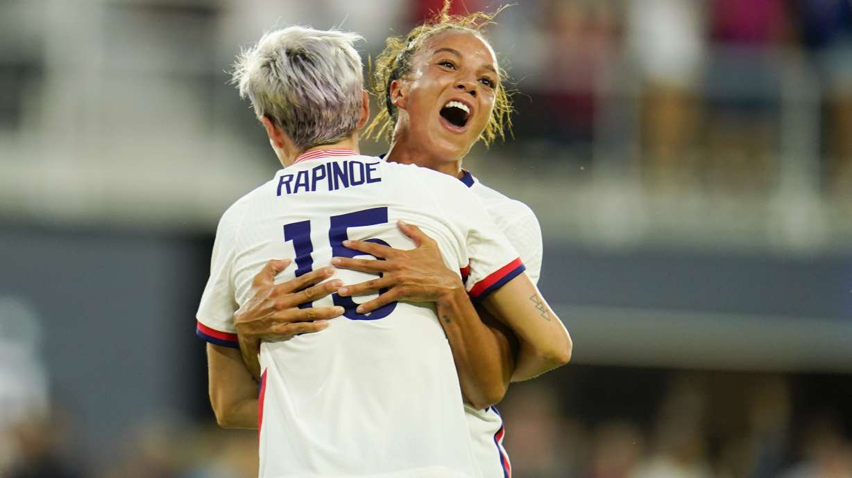 United States' Megan Rapinoe, left, and Mallory Pugh celebrate a goal by Rose Lavelle during the second half of the team's international friendly soccer match against Nigeria, Tuesday, Sept. 6, 2022, in Washington.