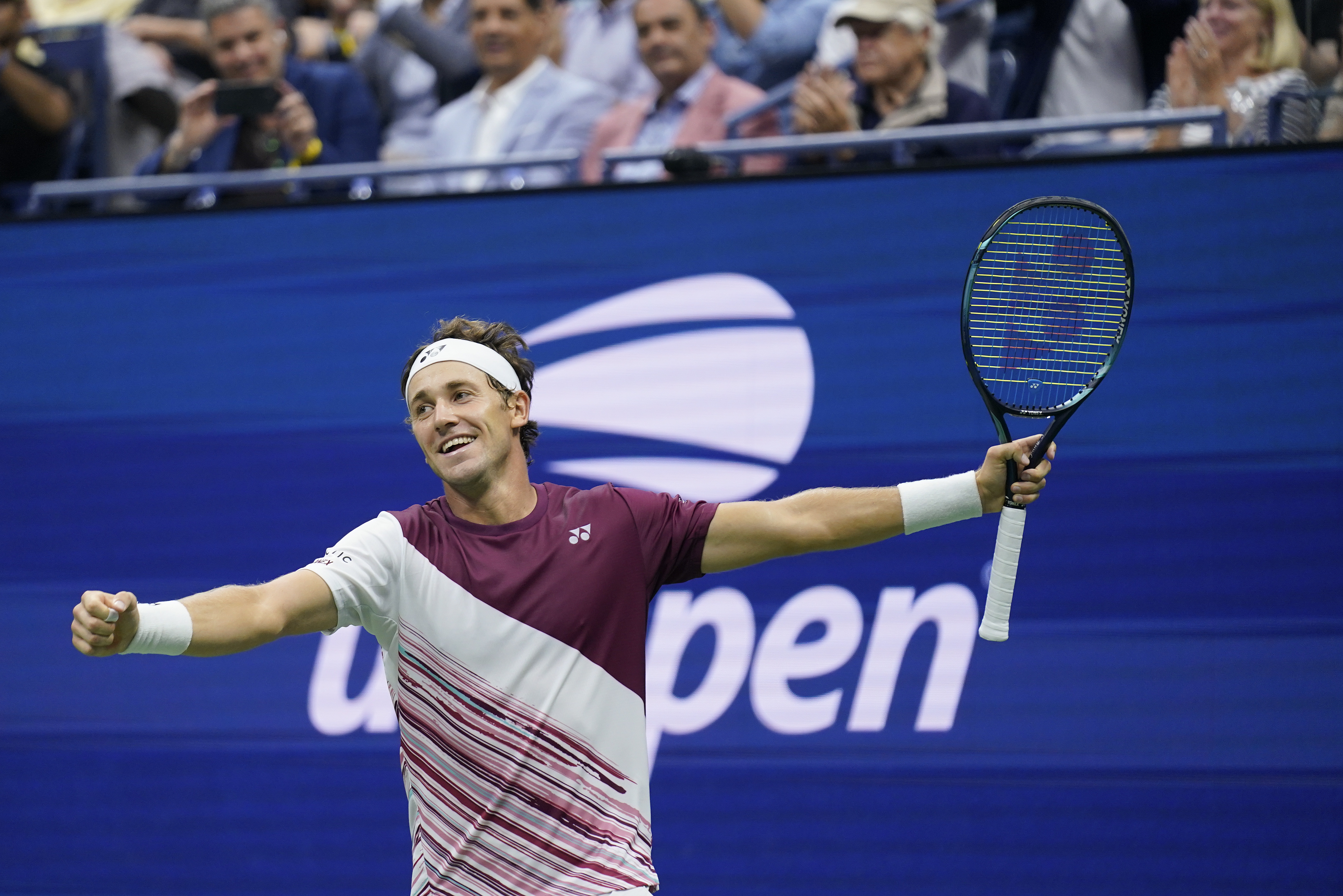Casper Ruud, of Norway, reacts after defeating Matteo Berrettini, of Italy, during the quarterfinals of the U.S. Open tennis championships, Tuesday, Sept. 6, 2022, in New York. 