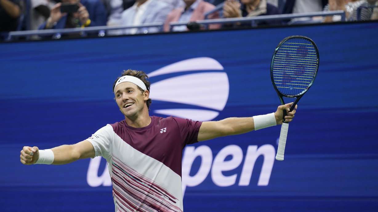 Casper Ruud, of Norway, reacts after defeating Matteo Berrettini, of Italy, during the quarterfinals of the U.S. Open tennis championships, Tuesday, Sept. 6, 2022, in New York.