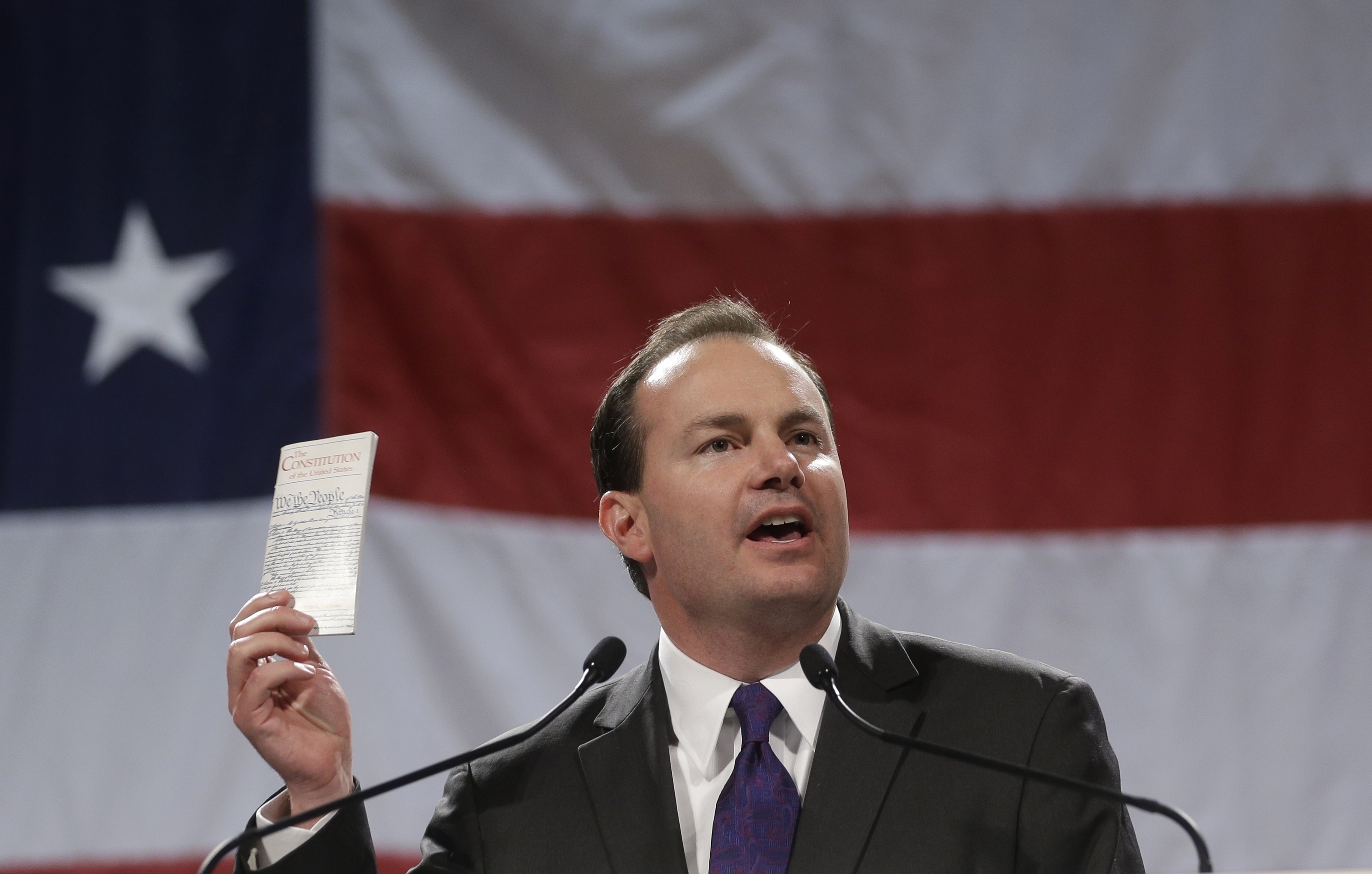 Sen. Mike Lee, R-Utah, addresses a crowd during a rally on April 25, 2014, in Sandy. Lee, after sailing to victory in past elections, is being pushed by independent Evan McMullin toward uncharted waters, into a race that will test how Trump loyalists fare with voters when offered choices beyond the two-party system. 