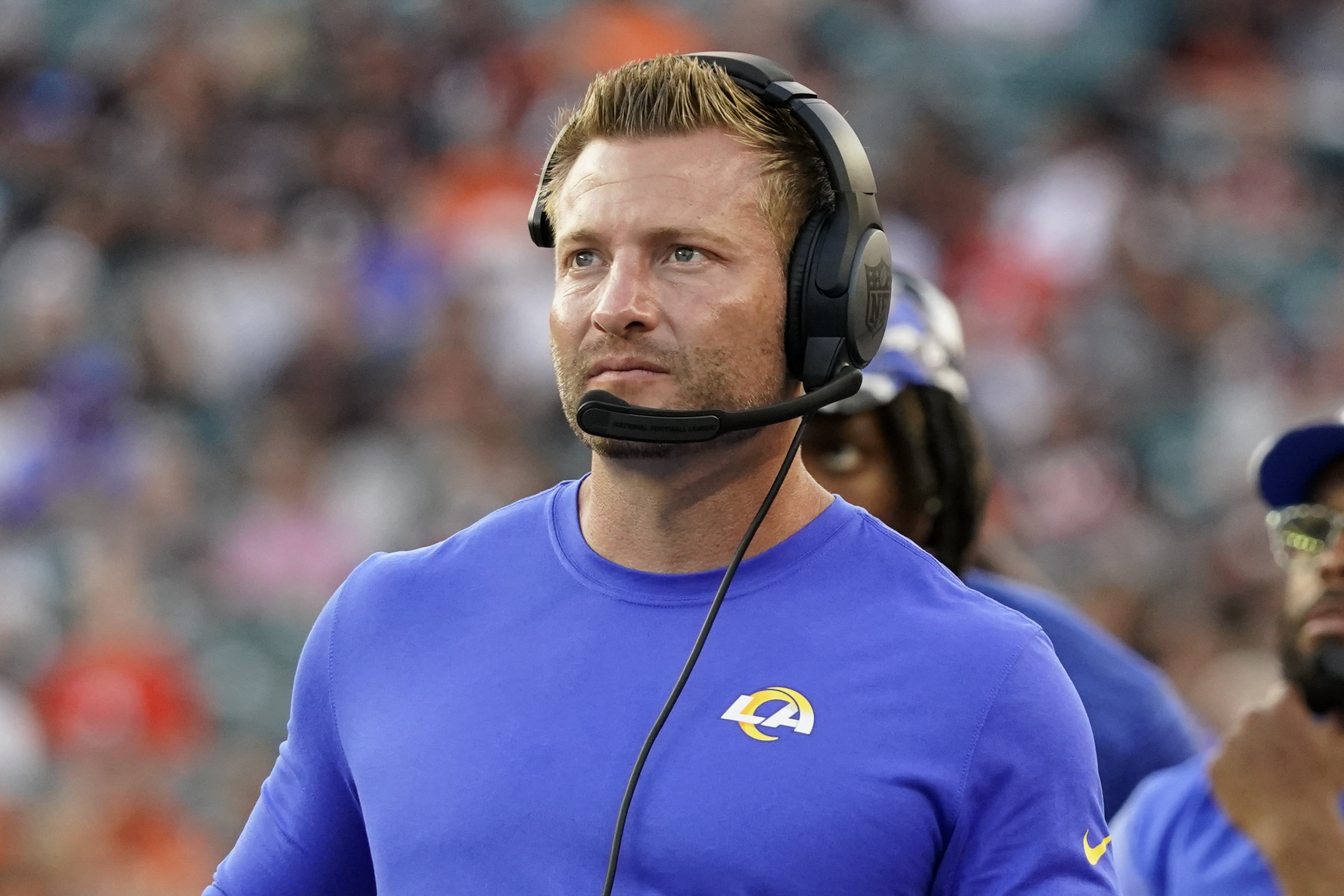 Los Angeles Rams head coach Sean McVay watches against the Cincinnati Bengals during the second half of a preseason NFL football game in Cincinnati, Saturday, Aug. 27, 2022. 