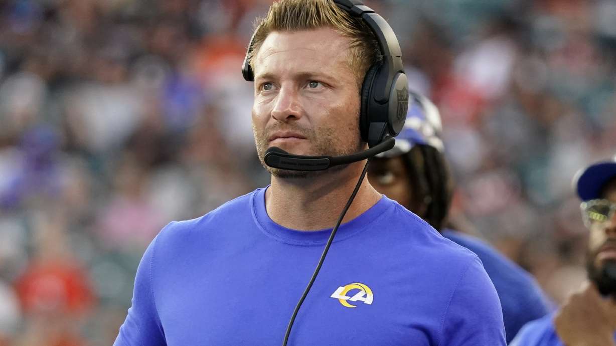 Los Angeles Rams head coach Sean McVay watches against the Cincinnati Bengals during the second half of a preseason NFL football game in Cincinnati, Saturday, Aug. 27, 2022.