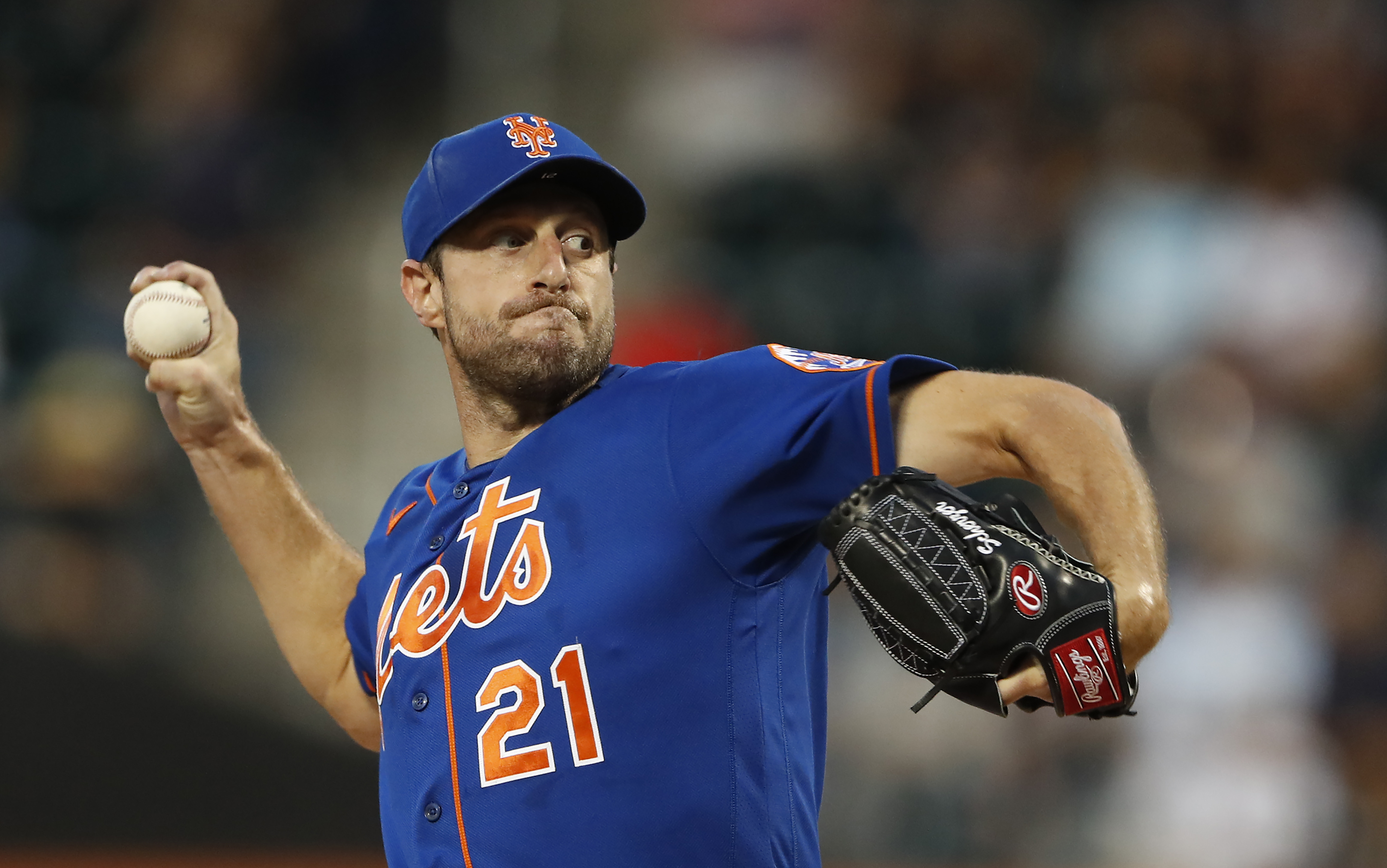 New York Mets starting pitcher Max Scherzer throws against the Washington Nationals during the first inning of a baseball game Saturday, Sept. 3, 2022, in New York. 