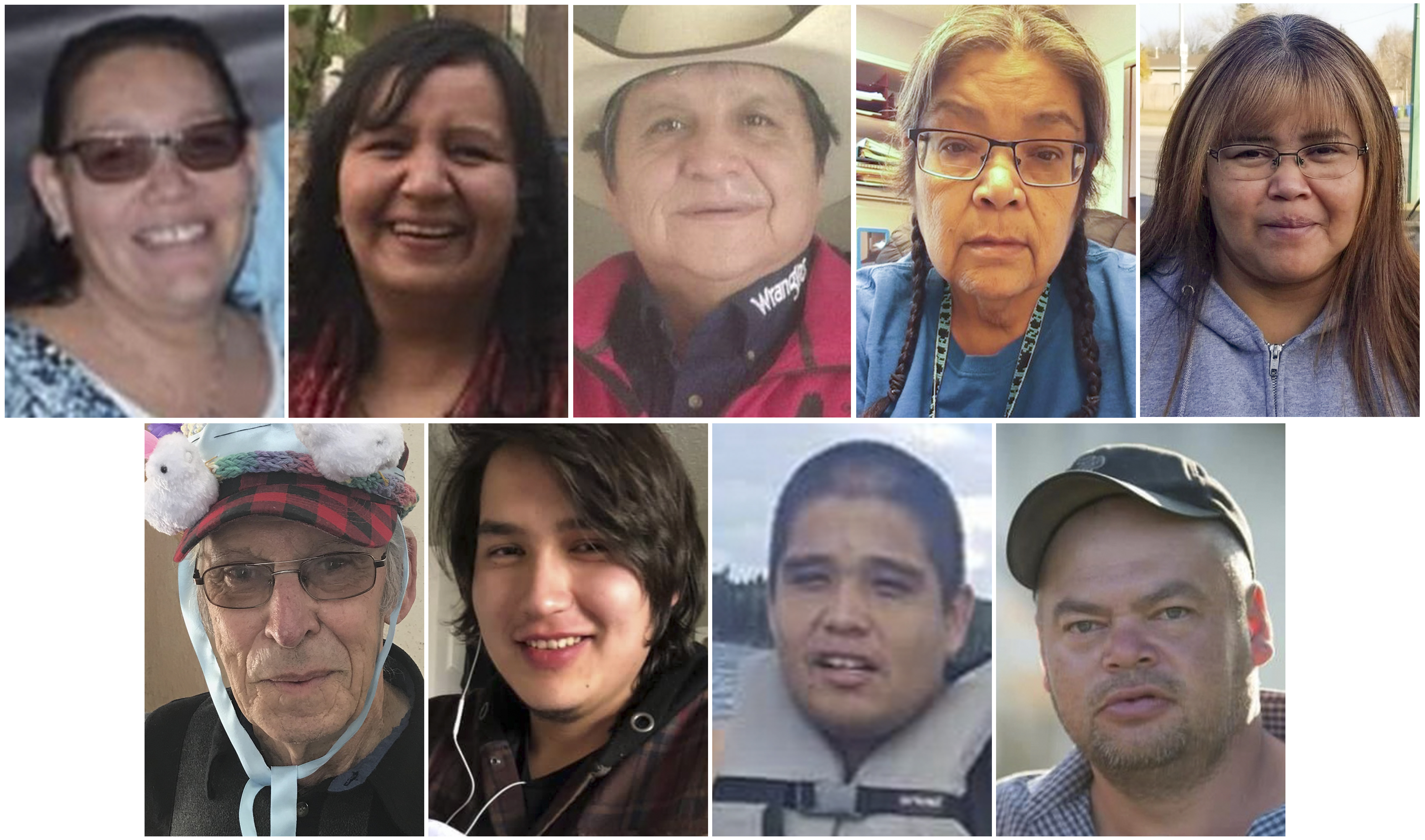 This combination of photos provided by Royal Canadian Mounted Police shows stabbing victims, from top left, Bonnie Burns, Carol Burns, Christian Head, Lydia Gloria Burns, and Lana Head. From bottom left, Wesley Petterson, Thomas Burns, Gregory Burns and Robert Sanderson. 