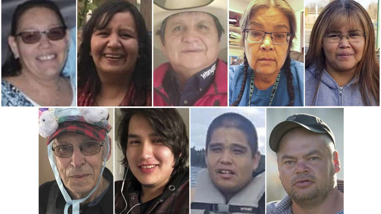This combination of photos provided by Royal Canadian Mounted Police shows stabbing victims, from top left, Bonnie Burns, Carol Burns, Christian Head, Lydia Gloria Burns, and Lana Head. From bottom left, Wesley Petterson, Thomas Burns, Gregory Burns and Robert Sanderson.