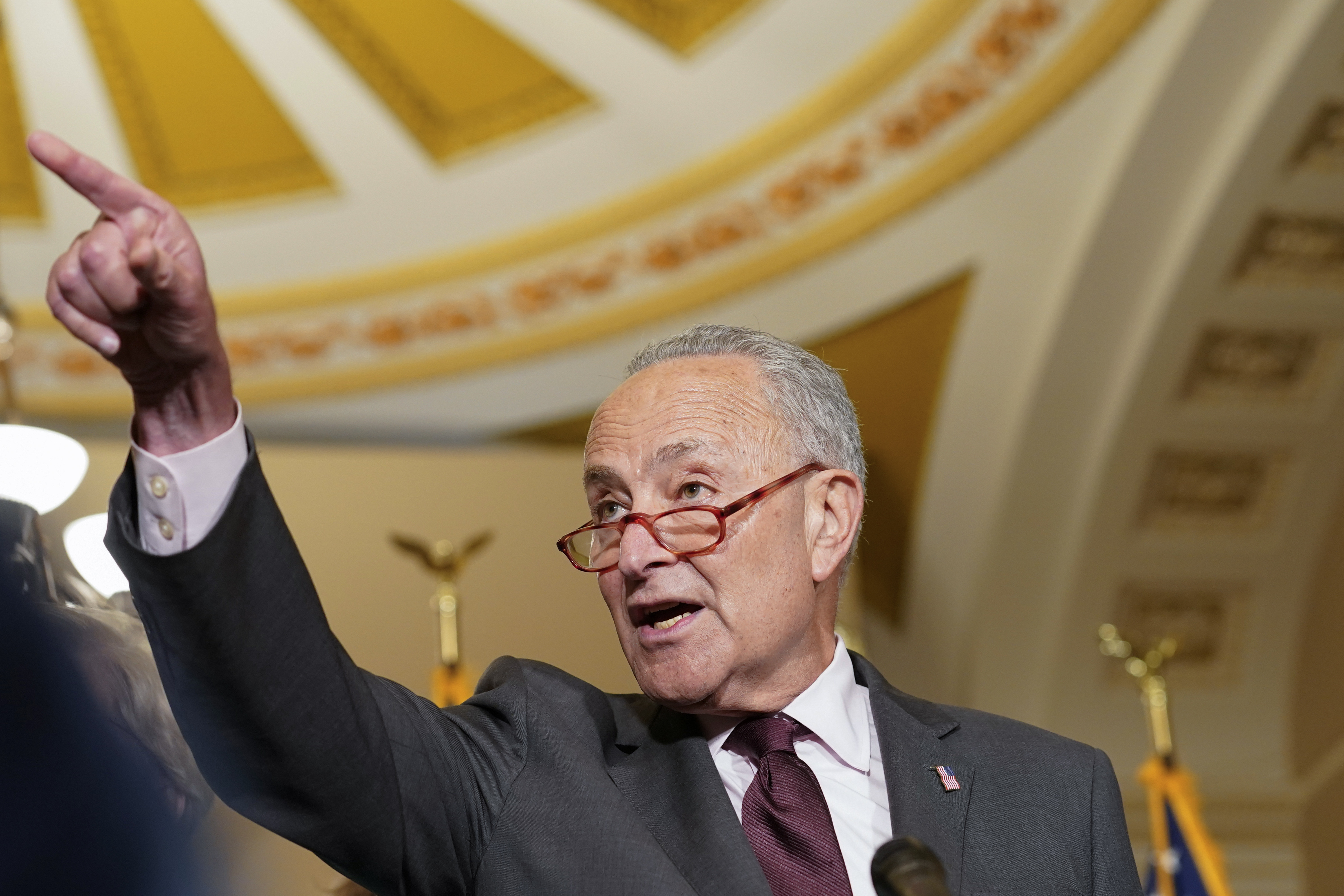 Senate Majority Leader Chuck Schumer of N.Y., speaks during a news conference at the Capitol on Wednesday in Washington. 