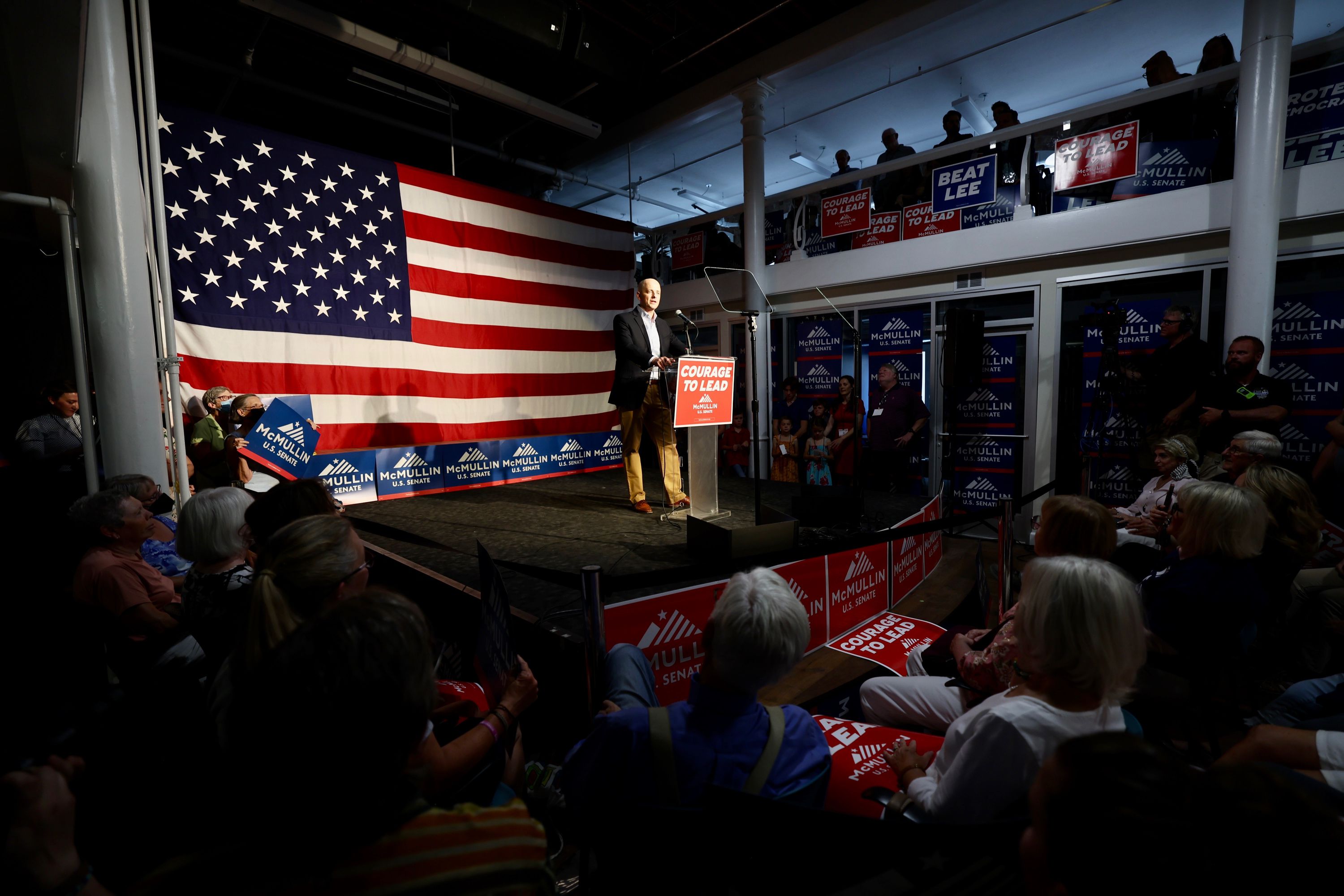 Independent U.S. Senate candidate Evan McMullin speaks to a group of supporters in Salt Lake City at Salt City Spaces on Wednesday.