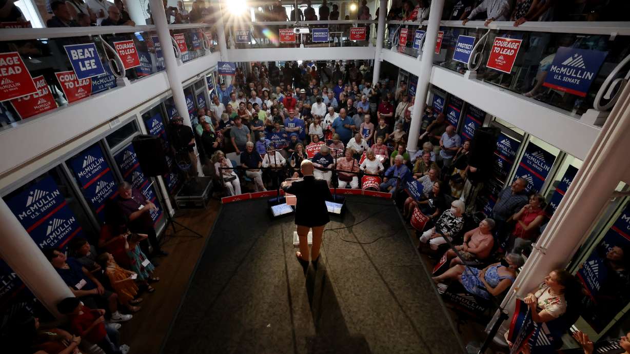 United States Senate candidate Evan McMullin speaks to a group of supporters in Salt Lake City on Wednesday. McMullin was also joined by Michael Steele, former chairman of the National Republican Committee, and Ben McAdams, former U.S. representative.