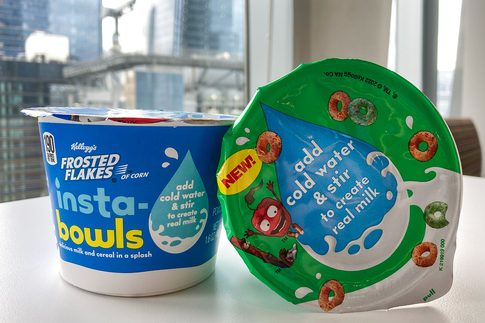 Frosted Flakes and Apple Jacks Insta-bowls are pictured here. Forget milk.  Kellogg's wants you to add water to these cereal bowls.