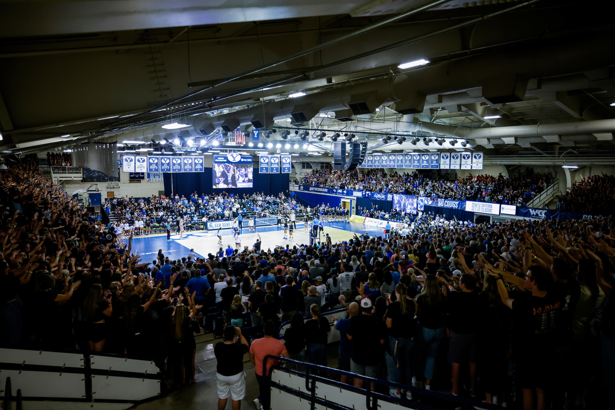 A record crowd watches the BYU women’s volleyball team take on Duke in the Smith Fieldhouse in Provo on Friday, Aug. 26.
