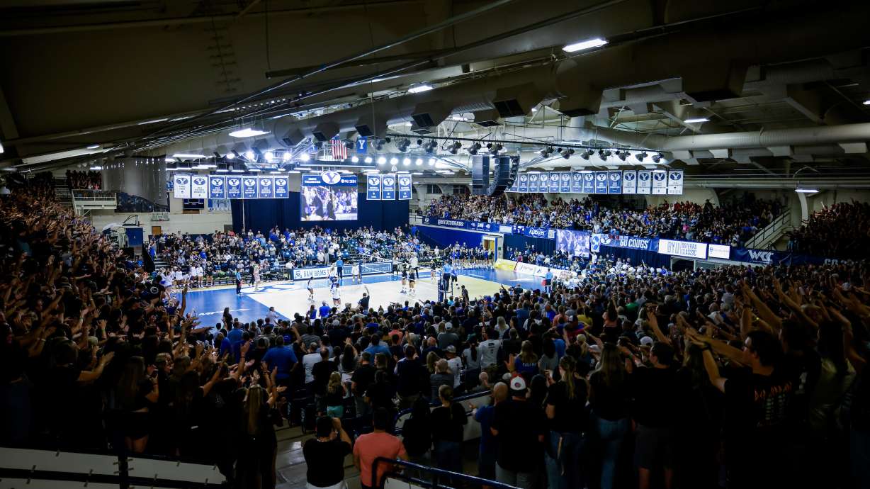 A record crowd watches the BYU women’s volleyball team take on Duke in the Smith Fieldhouse in Provo on Friday, Aug. 26.