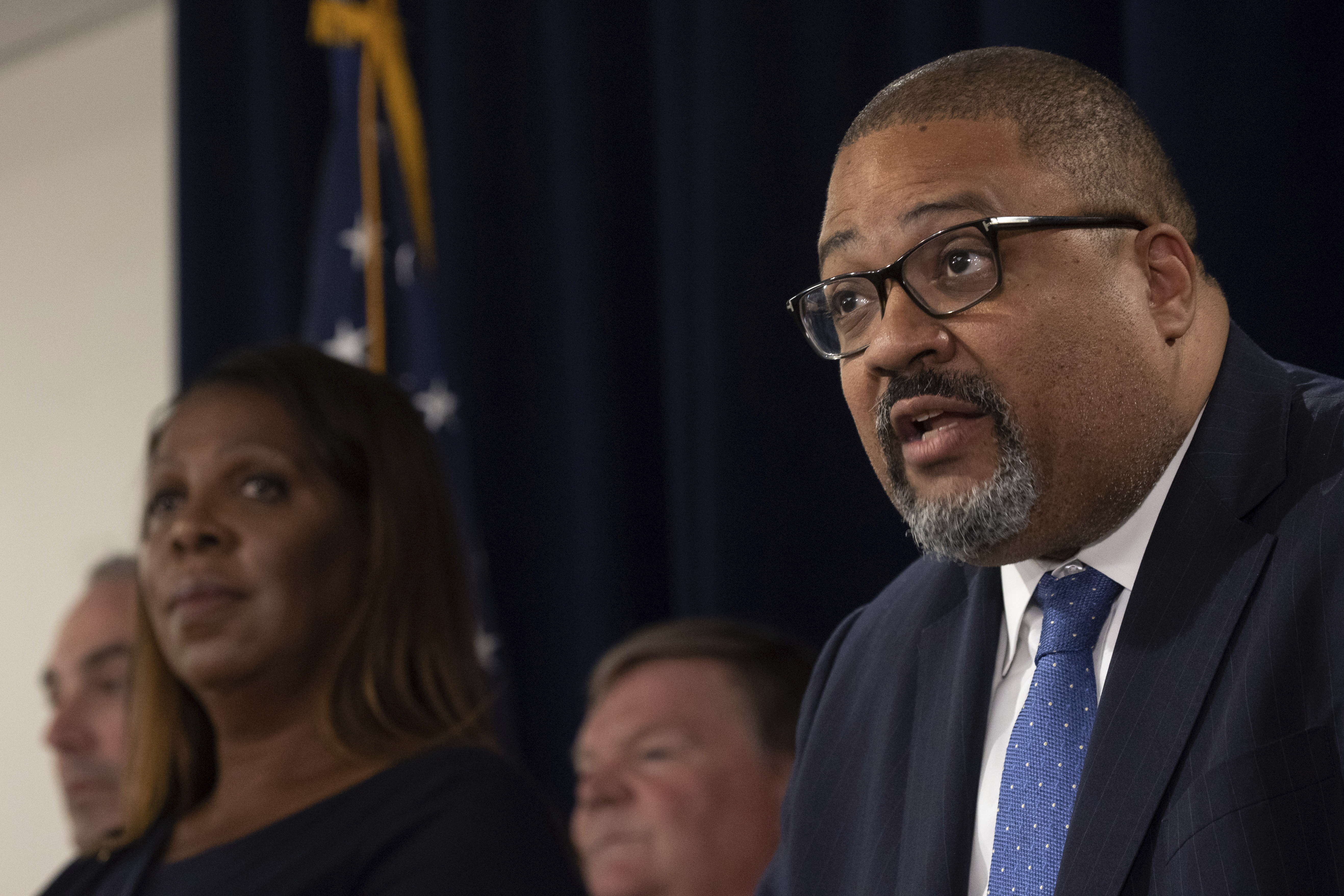 Manhattan District Attorney Alvin Bragg speaks during a news conference at Manhattan District Attorney's office, Thursday, in New York.