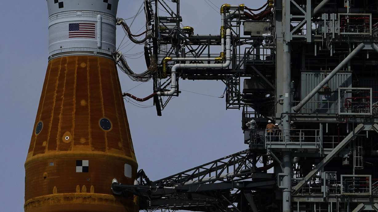 The NASA moon rocket stands on Pad 39B before the Artemis I mission to orbit the moon at the Kennedy Space Center on Sept. 2, in Cape Canaveral, Fla. NASA officials said Thursday they're on a path to addressing hydrogen fuel leaks that have plagued both attempts to launch the mission.