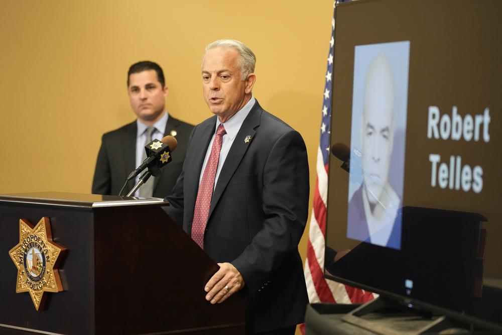 Clark County Sheriff Joe Lombardo speaks at a news conference on the arrest of Clark County Public Administrator Robert "Rob" Telles, Thursday, in Las Vegas. Telles was arrested Wednesday in the fatal stabbing of Las Vegas Review-Journal reporter Jeff German, whose investigations of the official's work preceded his primary loss in June.