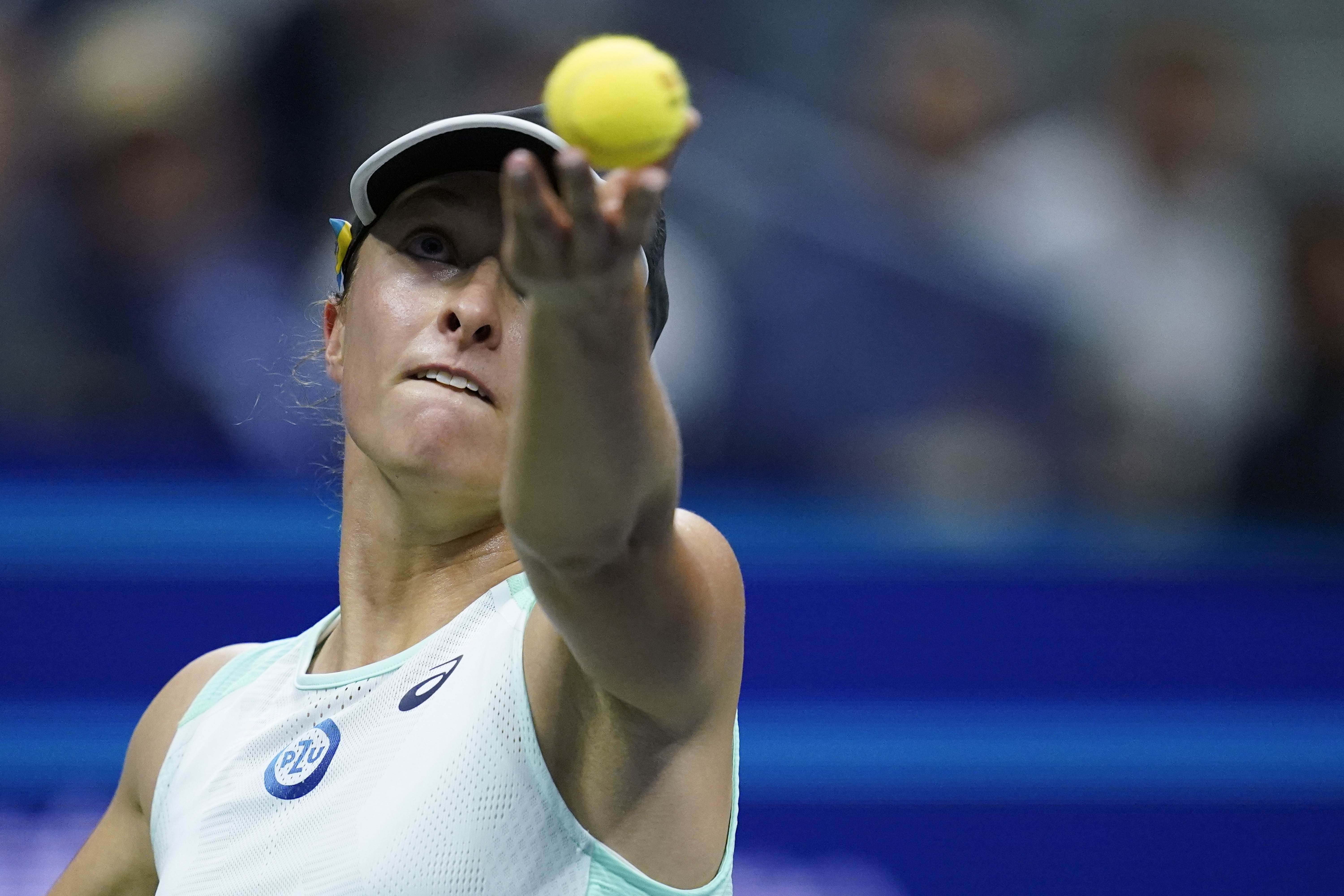 Iga Swiatek, of Poland, serves to Jessica Pegula, of the United States, during the quarterfinals of the U.S. Open tennis championships, Wednesday, Sept. 7, 2022, in New York. 
