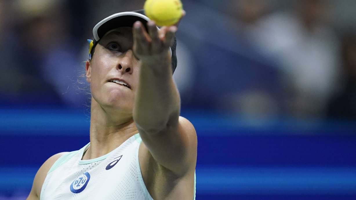 Iga Swiatek, of Poland, serves to Jessica Pegula, of the United States, during the quarterfinals of the U.S. Open tennis championships, Wednesday, Sept. 7, 2022, in New York.