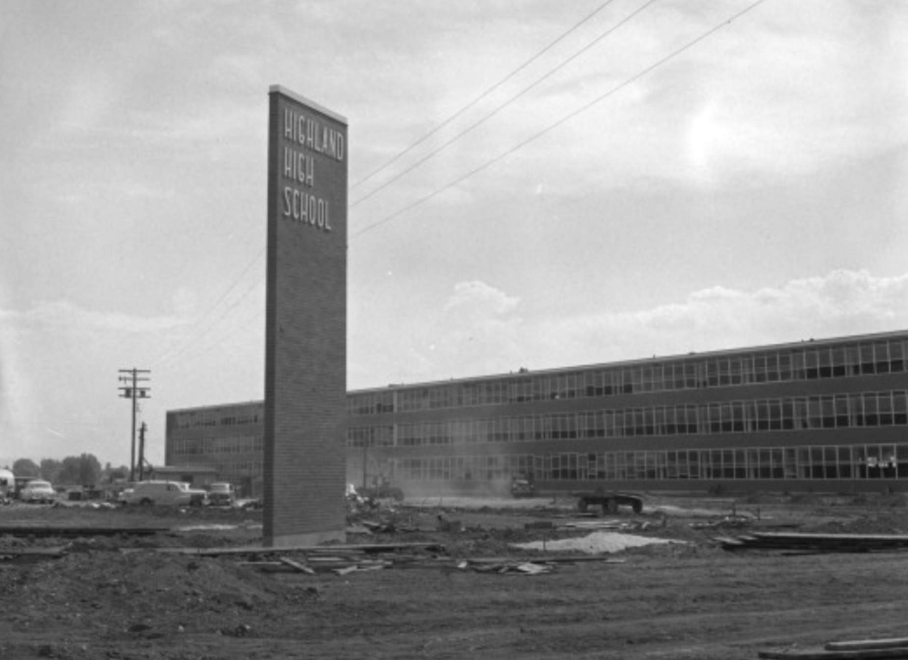 A photo of the exterior of Highland High School taken July 25, 1956, shortly before the school opened for the first time.