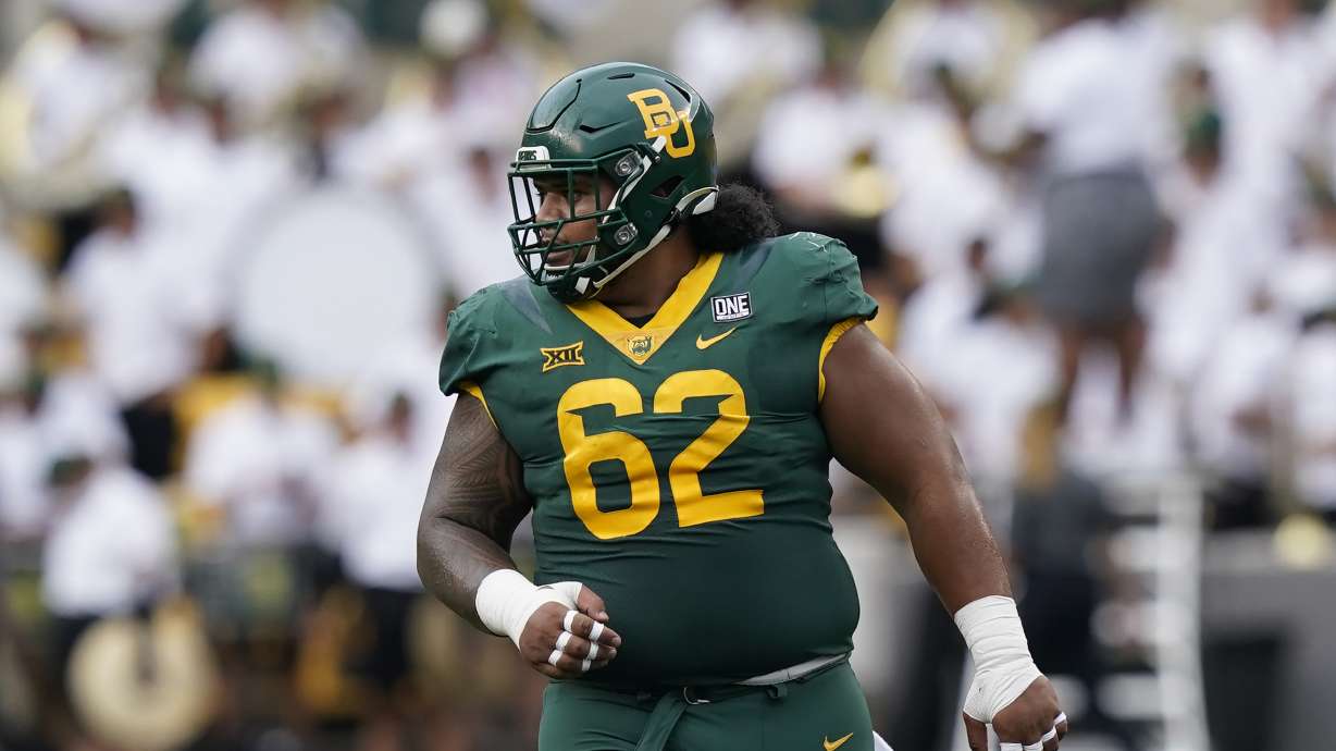 Baylor defensive lineman Siaki Ika stands on the field during an NCAA college football game against Albany in Waco, Texas, Saturday, Sept. 3, 2022.