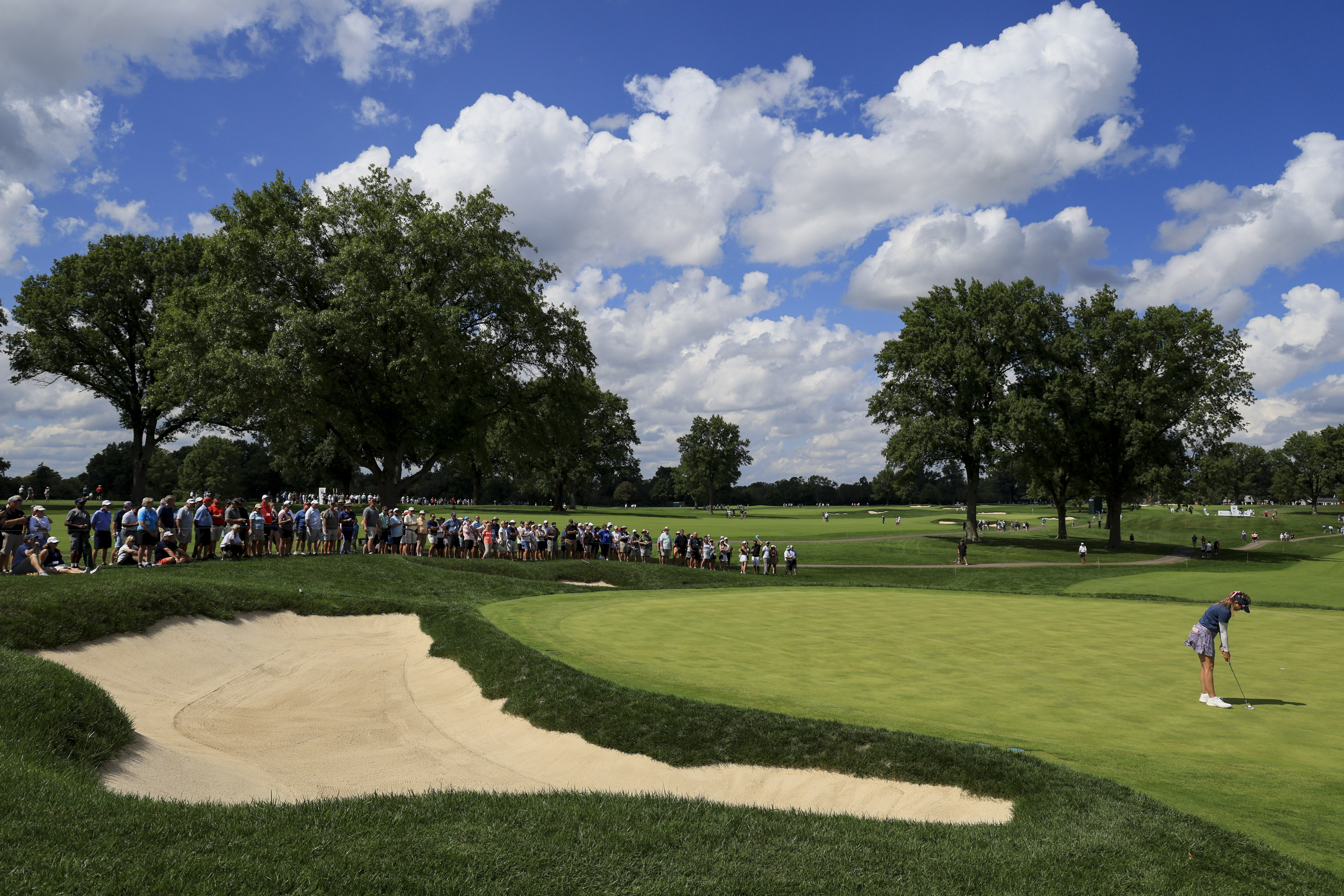 Paula Creamer putts on the fourth green during the second round of the LPGA Tour Kroger Queen City Championship golf tournament in Cincinnati, Friday, Sept. 9, 2022. 