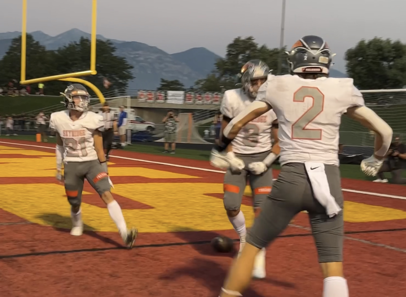 Skyridge's Cannon Jensen celebrates a touchdown during the Falcons' 20-13 win over Timpview, Friday, Sept. 9, 2022 at Mountain View High School in Orem.