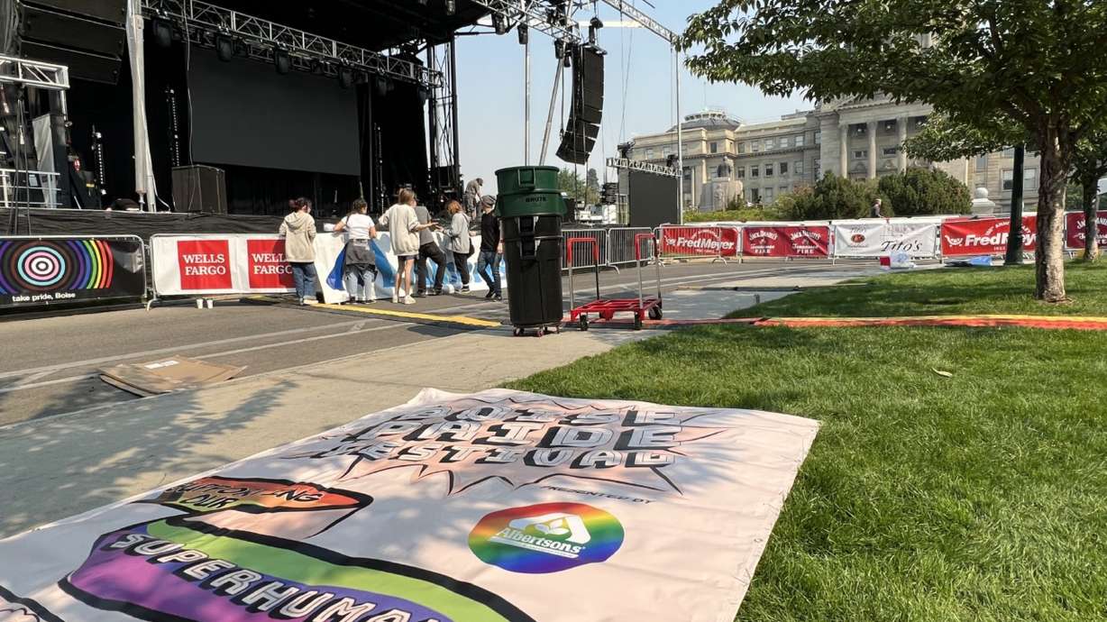 Volunteers help set up for the three-day Boise Pride Festival on Friday in Boise, Idaho. Organizers of the festival have been subjected to intense political pushback from the Idaho GOP and conservative groups in part because of a "Drag Kids" performance scheduled for Sunday.