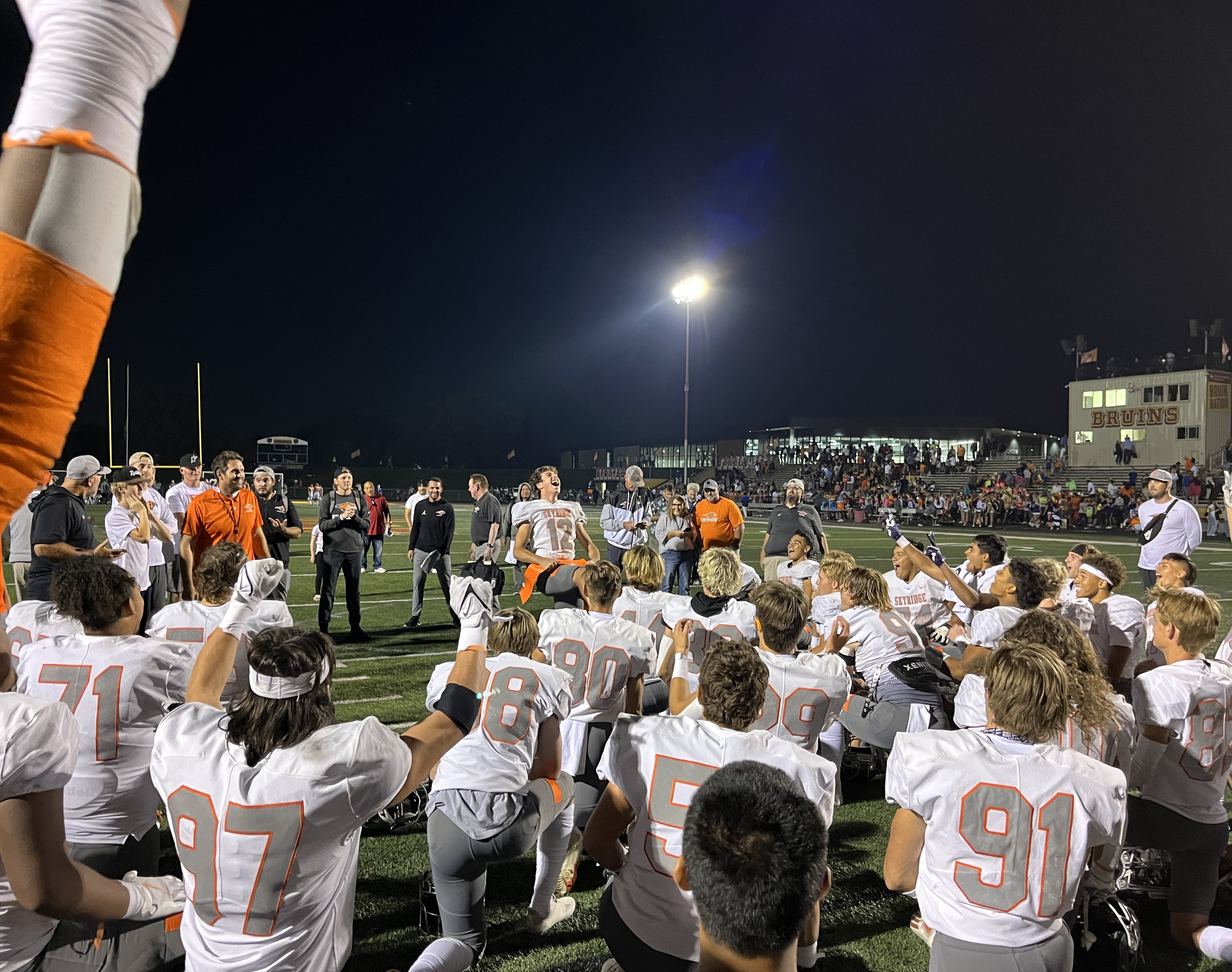 Skyridge backup quarterback Trent Call receives his 'toughness belt' after the Falcons' 20-13 win over Timpview, Friday, Sept. 9, 2022 at Mountain View High School in Orem.