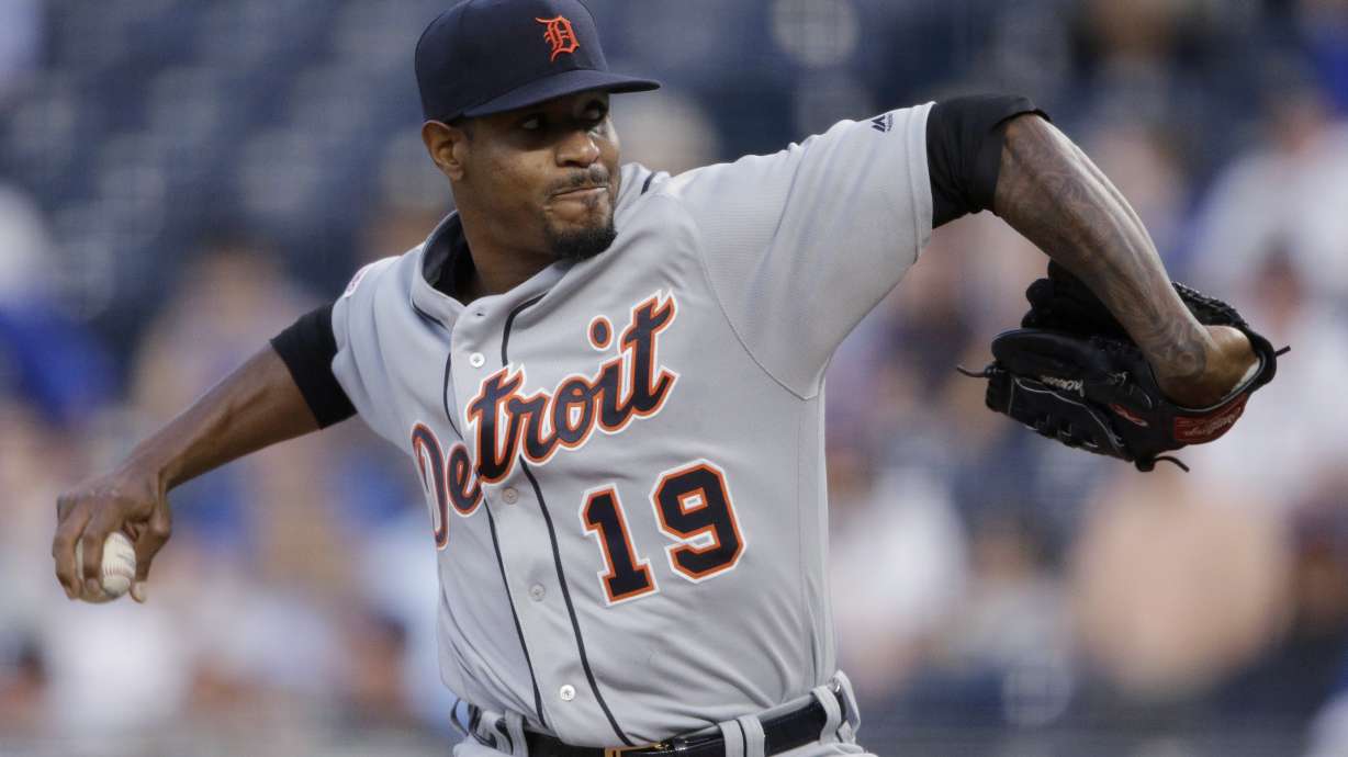 FILE - Detroit Tigers starting pitcher Edwin Jackson throws during the first inning of the team's baseball game against the Kansas City Royals on Sept. 4, 2019, in Kansas City, Mo. Jackson says 14 teams will be it.
The well-traveled pitcher, who spent 17 seasons in the majors, announced his retirement on Instagram on Friday — his 39th birthday and the 19th anniversary of his big league debut. Jackson played for a record 14 clubs, most recently in 2019 with Toronto and Detroit.