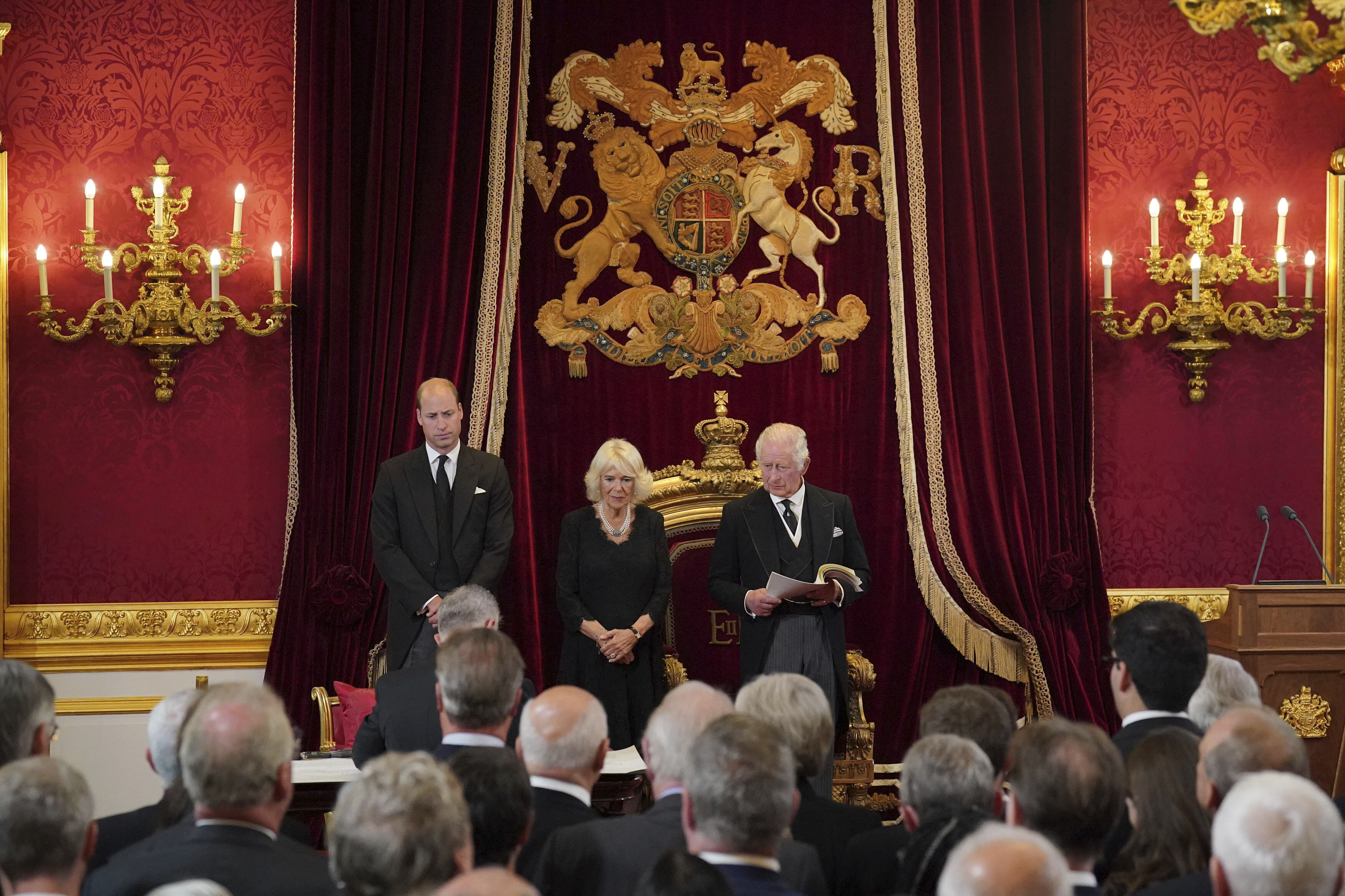 From left, Britain's Prince William, Camilla the Queen Consort and King Charles III during the Accession Council at St James's Palace, London, Saturday, where King Charles III is formally proclaimed monarch.
