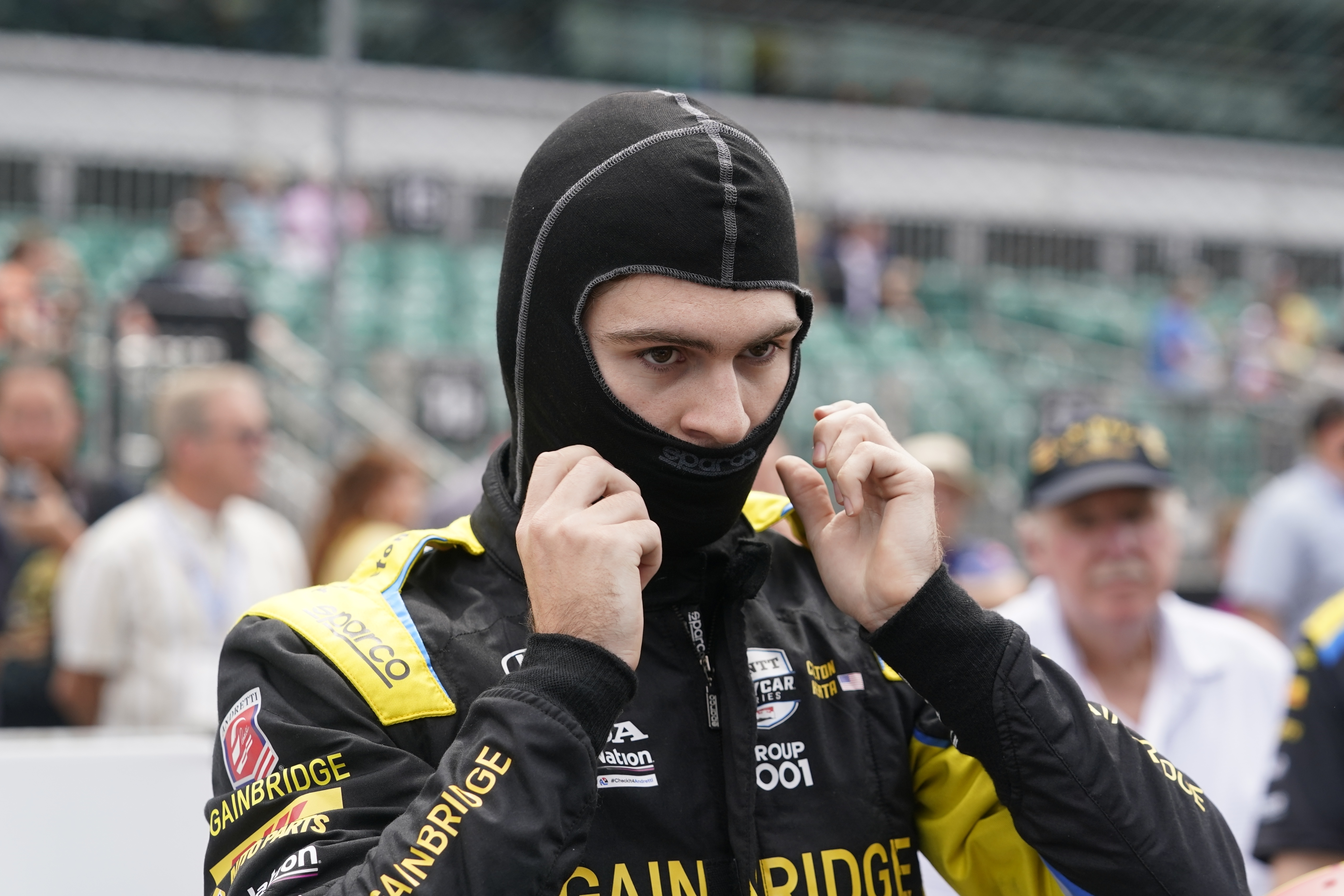 FILE - Colton Herta prepares to drive during qualifications for the Indianapolis 500 auto race at Indianapolis Motor Speedway on May 21, 2022, in Indianapolis. AlphaTauri is awaiting a decision from the FIA on Herta's eligibility to compete in Formula One next season, and it said Saturday, Sept. 10, 2022, that the delay is affecting the team's planning for its 2023 lineup. 