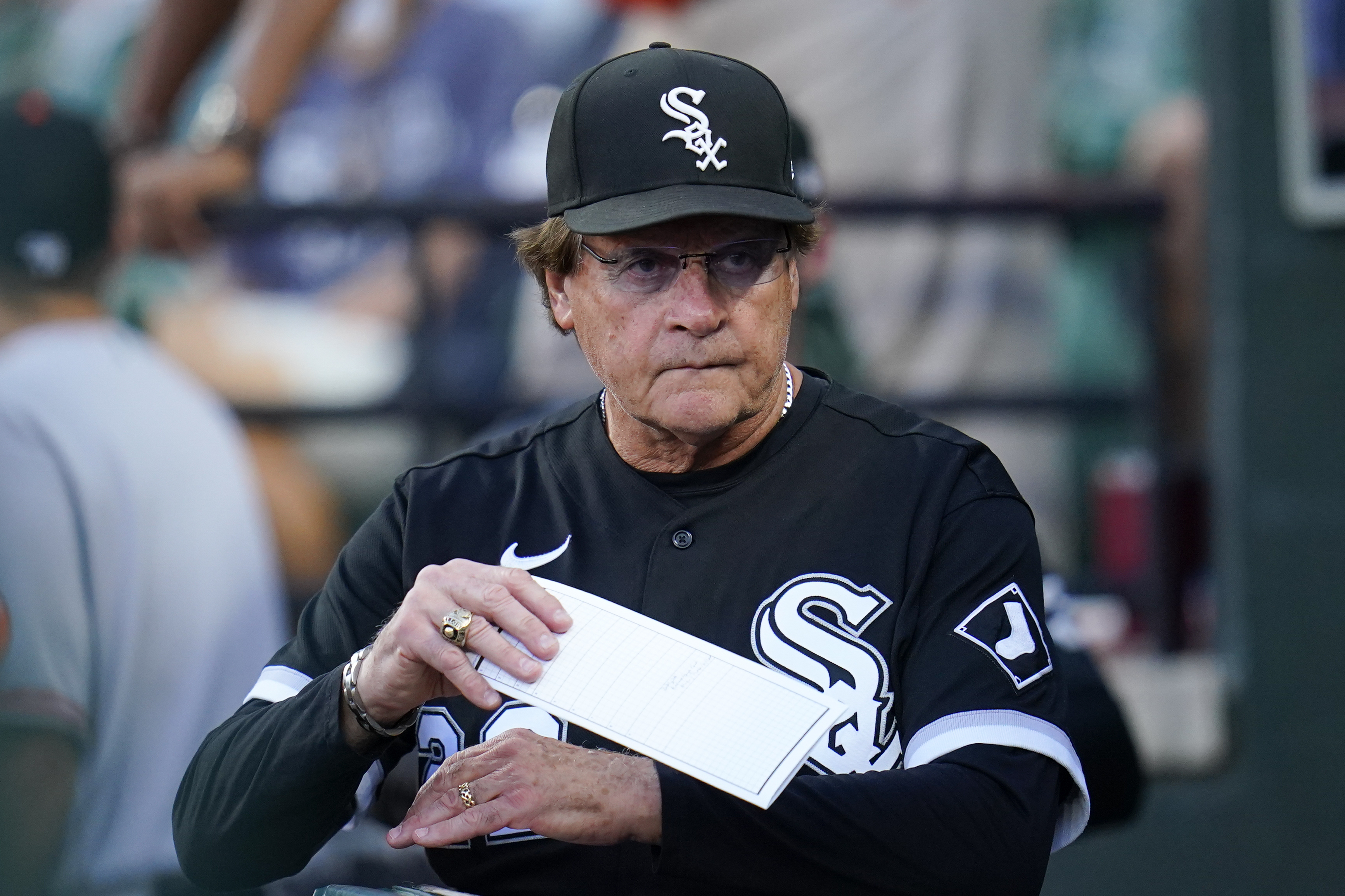 Chicago White Sox manager Tony La Russa looks on from the dugout prior to a baseball game against the Baltimore Orioles, Wednesday, Aug. 24, 2022, in Baltimore. 