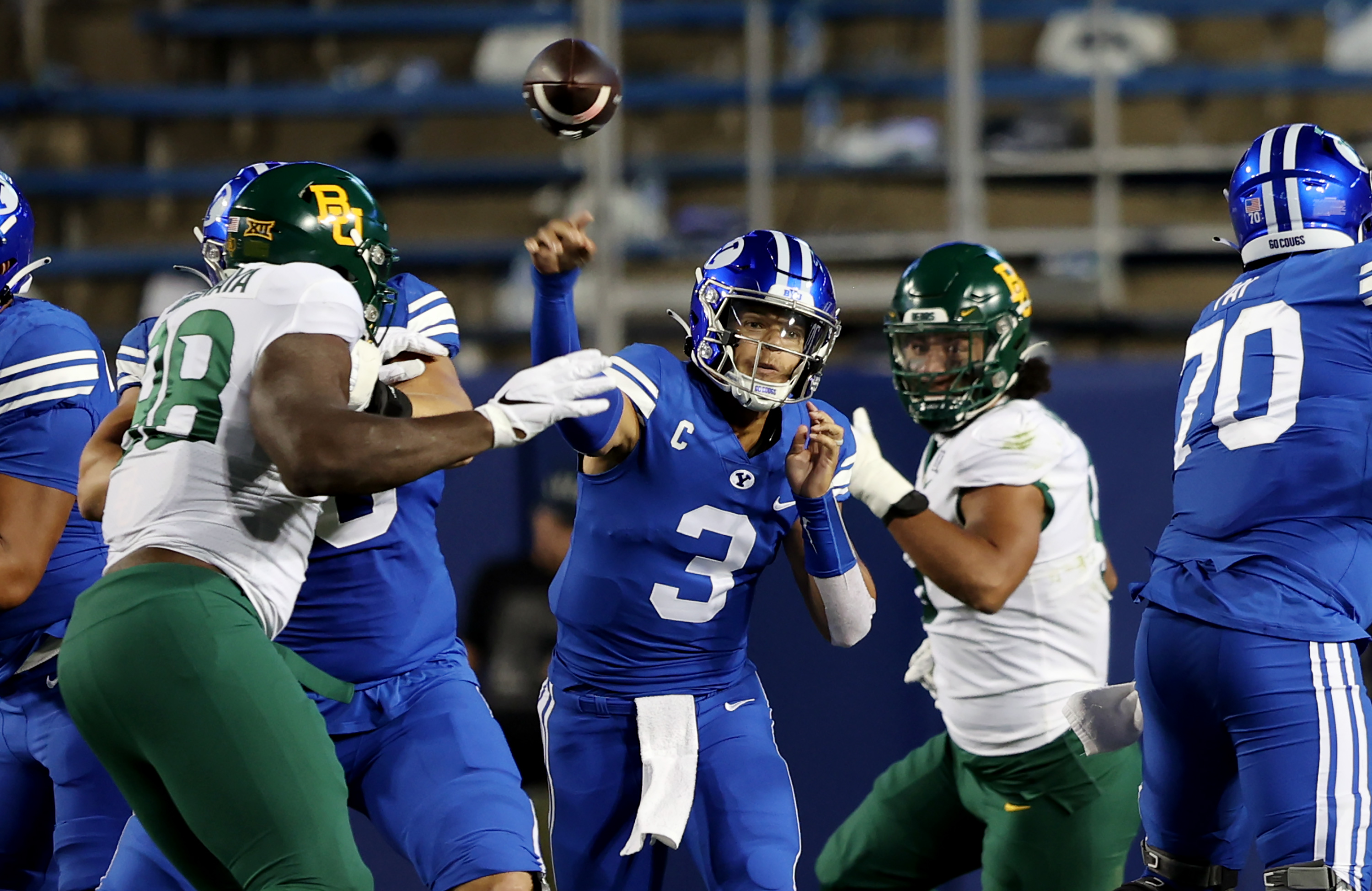 Brigham Young Cougars quarterback Jaren Hall (3) delivers a pass as BYU and Baylor play at LaVell Edwards Stadium in Provo on Saturday, Sept. 10, 2022.