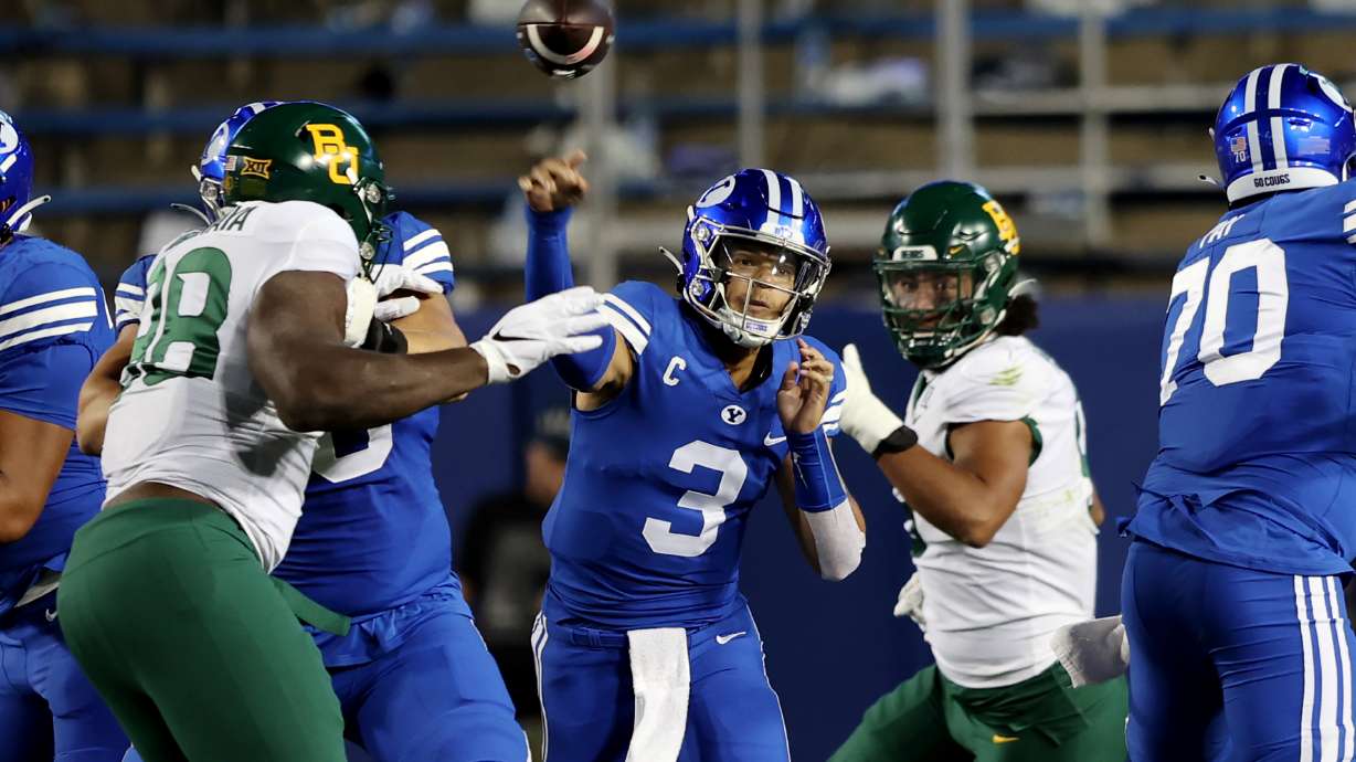 Brigham Young Cougars quarterback Jaren Hall (3) delivers a pass as BYU and Baylor play at LaVell Edwards Stadium in Provo on Saturday, Sept. 10, 2022.