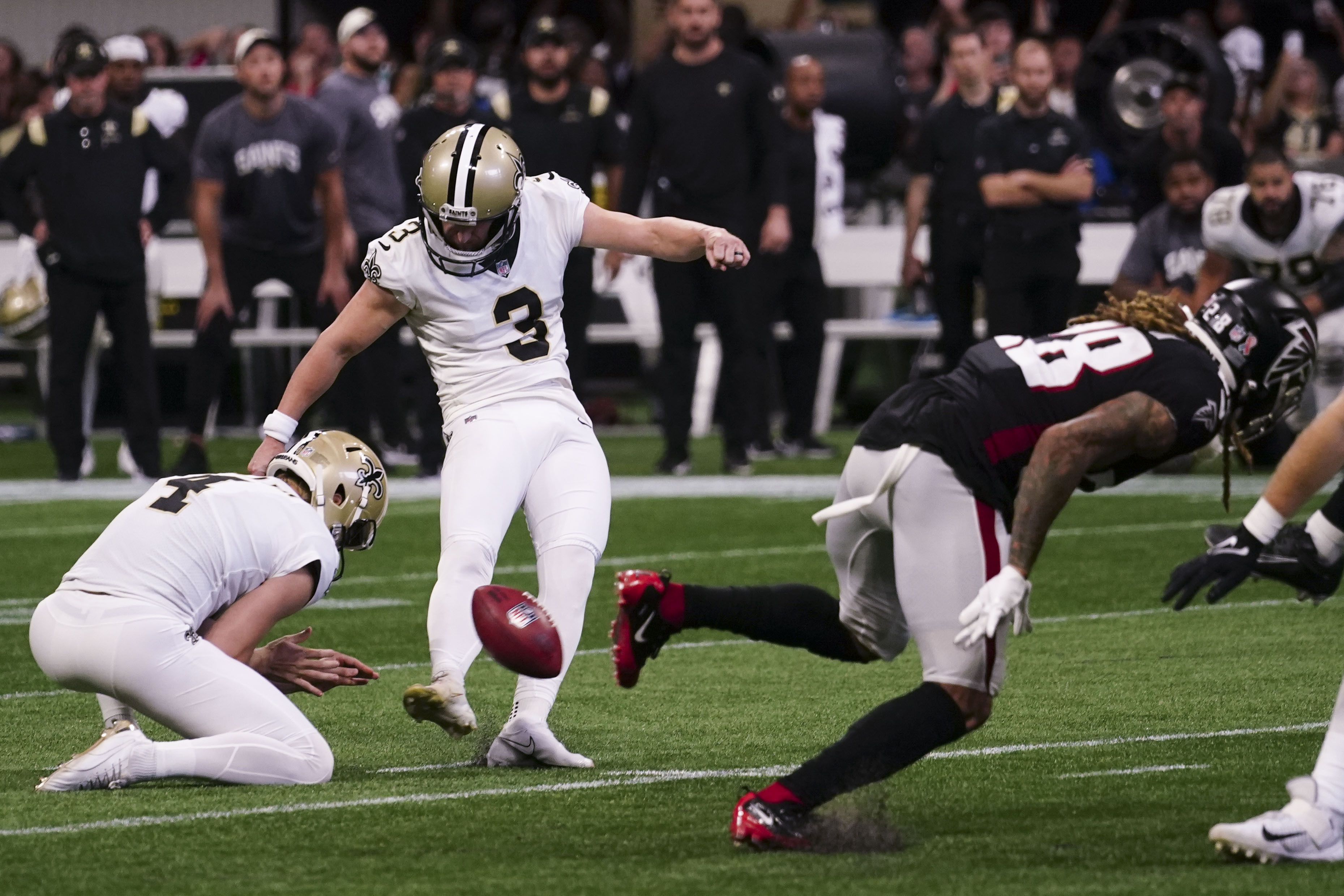 during the second half of an NFL football game, Sunday, Sept. 11, 2022, in Atlanta. The New Orleans Saints won 27-26. 