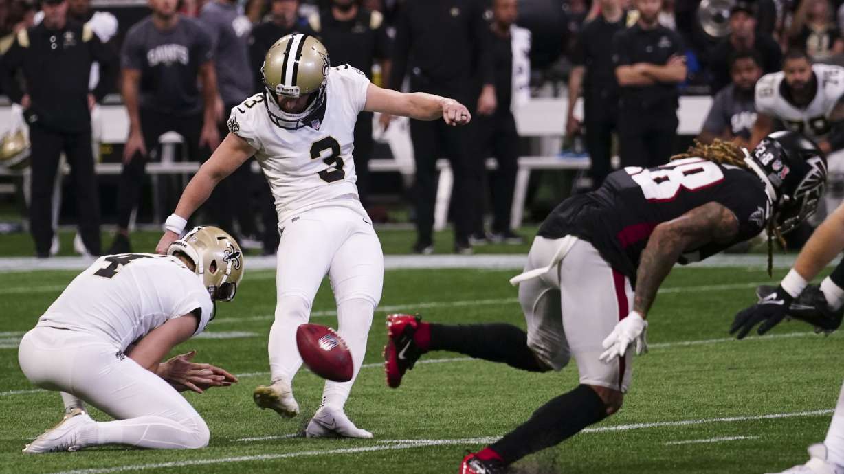 during the second half of an NFL football game, Sunday, Sept. 11, 2022, in Atlanta. The New Orleans Saints won 27-26.