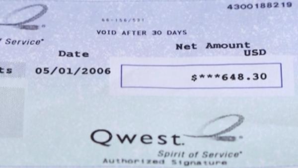 Shannon Amundsen's check from Qwest dates back to 2006. She never cashed it but recently asked about getting a new check issued.