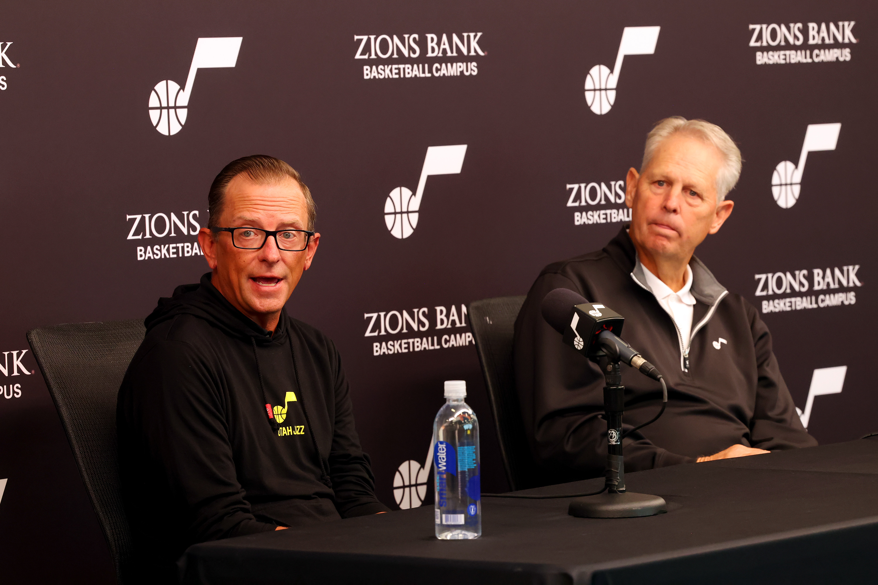 Utah Jazz general manager Justin Zanik, and Jazz CEO Danny Ainge answer questions during a press conference at the Zions Bank Basketball Campus in Salt Lake City on Monday, Sept. 12, 2022.