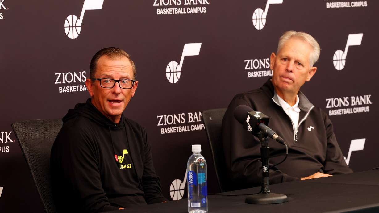 Utah Jazz general manager Justin Zanik, and Jazz CEO Danny Ainge answer questions during a press conference at the Zions Bank Basketball Campus in Salt Lake City on Monday, Sept. 12, 2022.