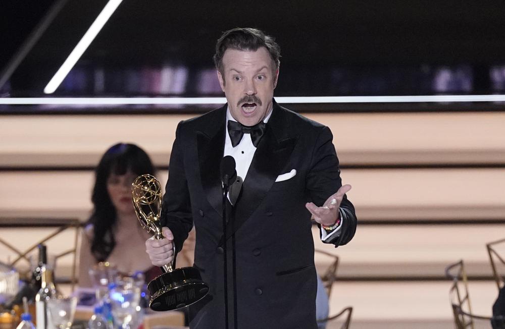 Jason Sudeikis accepts the Emmy for outstanding lead actor in a comedy series for "Ted Lasso" at the 74th Primetime Emmy Awards on Monday at the Microsoft Theater in Los Angeles.
